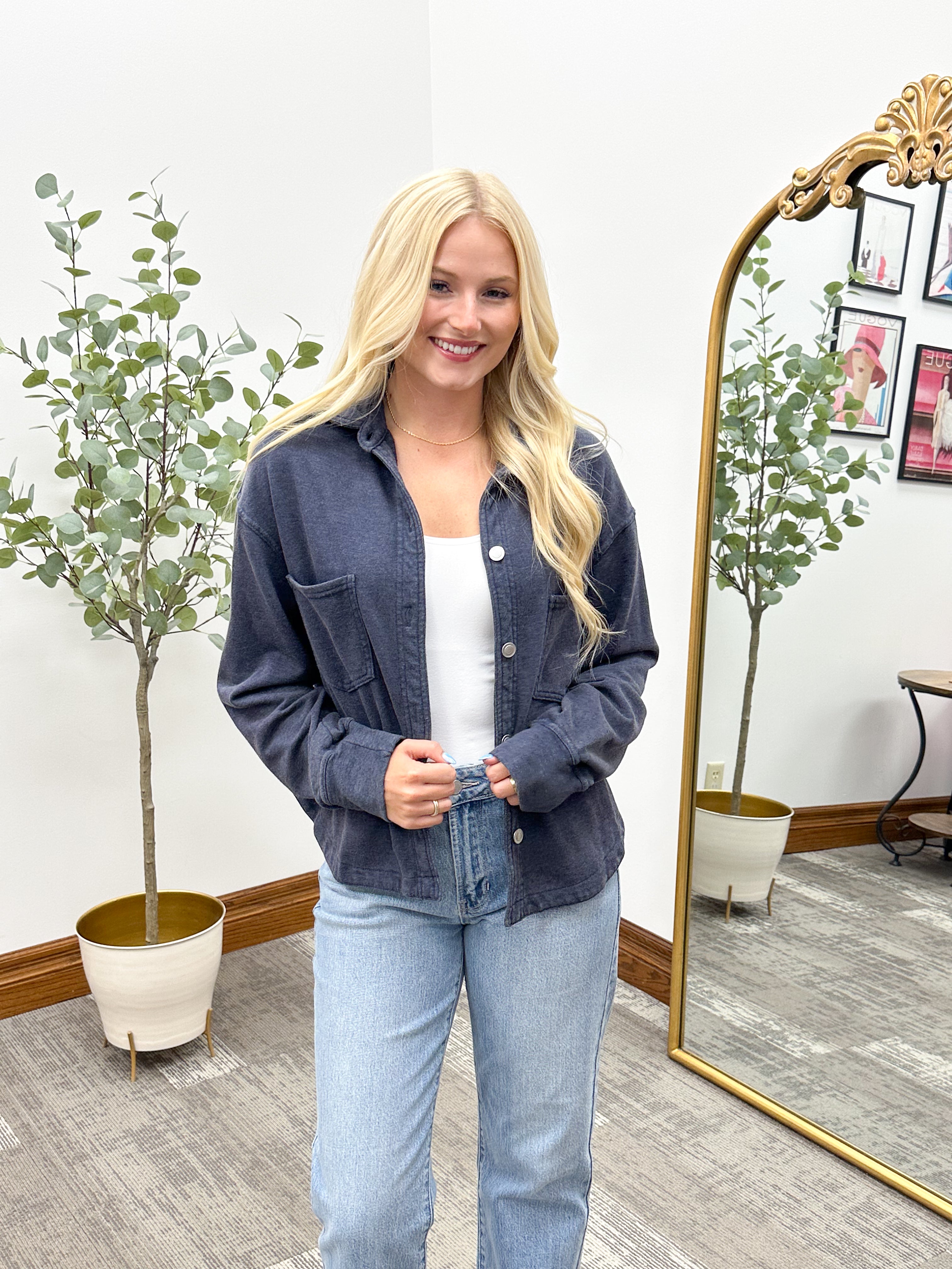 Panache Navy Washed Soft Terry Cropped Shacket