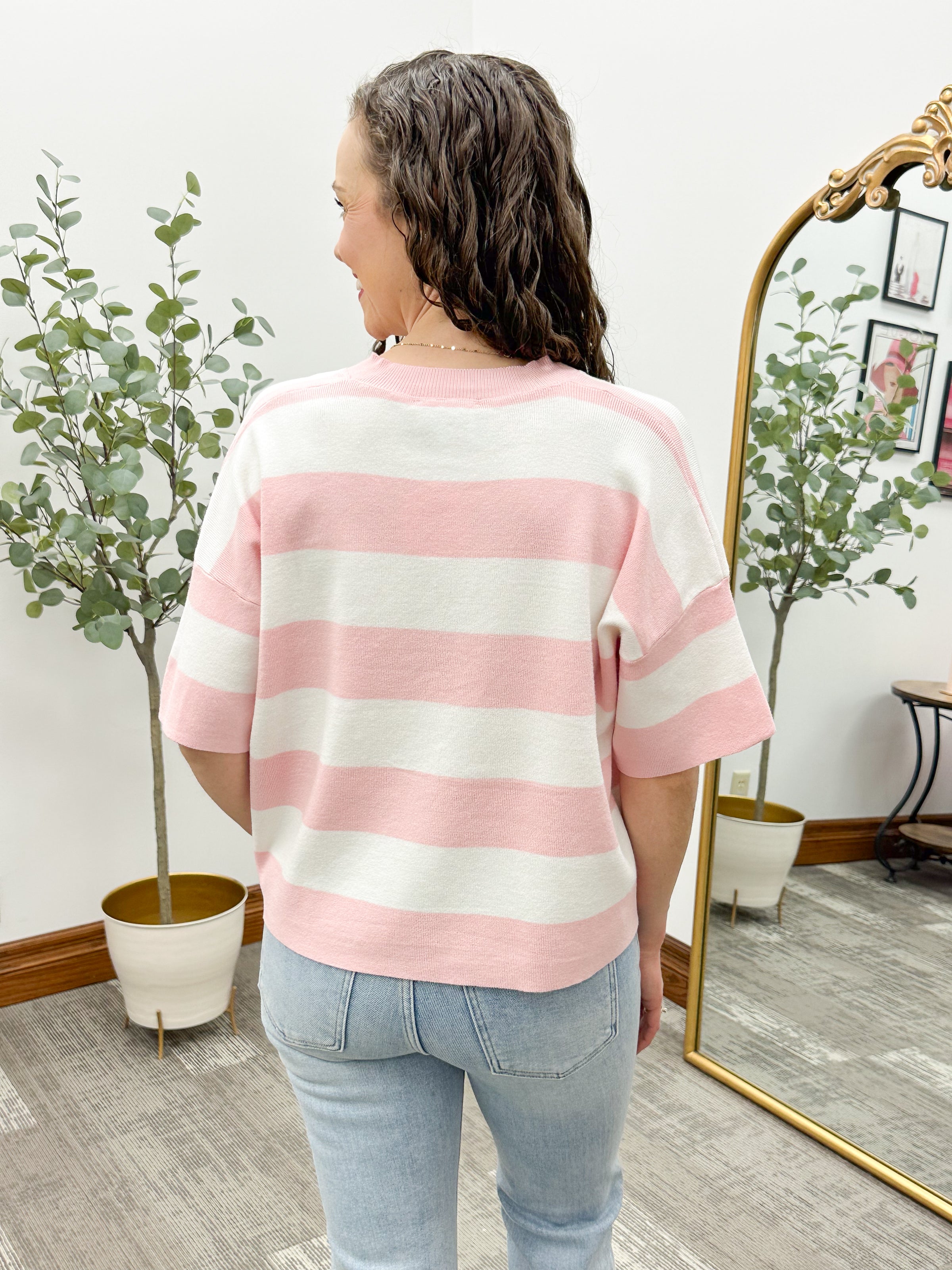 Pink Striped Short Sleeve Knit Cardigan
