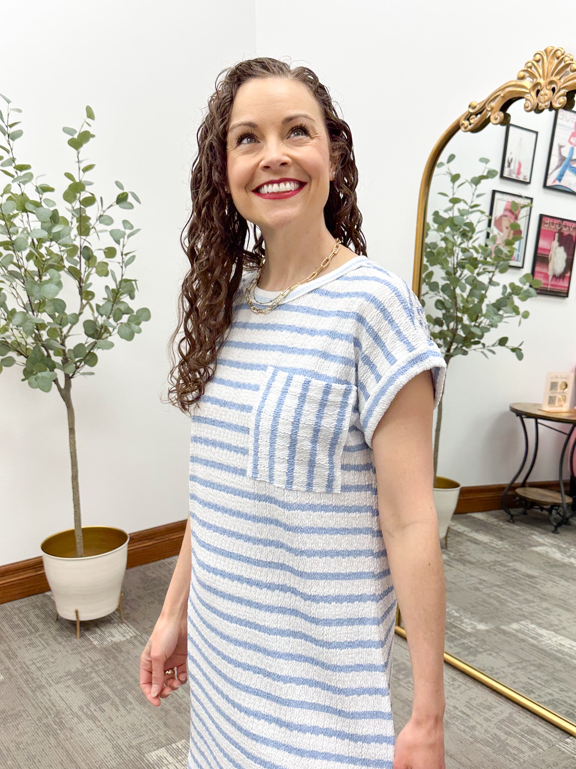Textured Striped Short Sleeve T-Shirt Dress