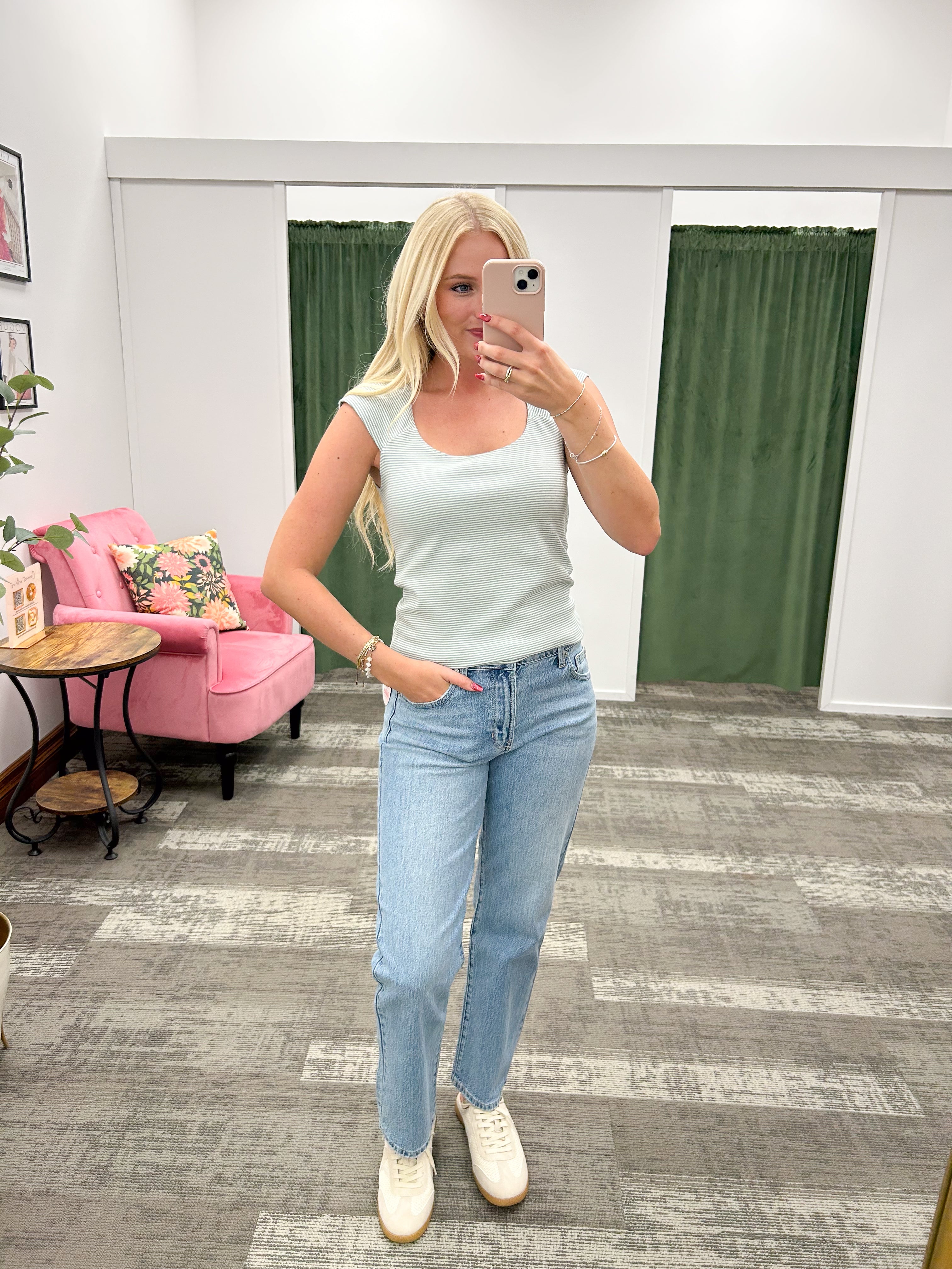 White & Sage Striped Cap Sleeve Top