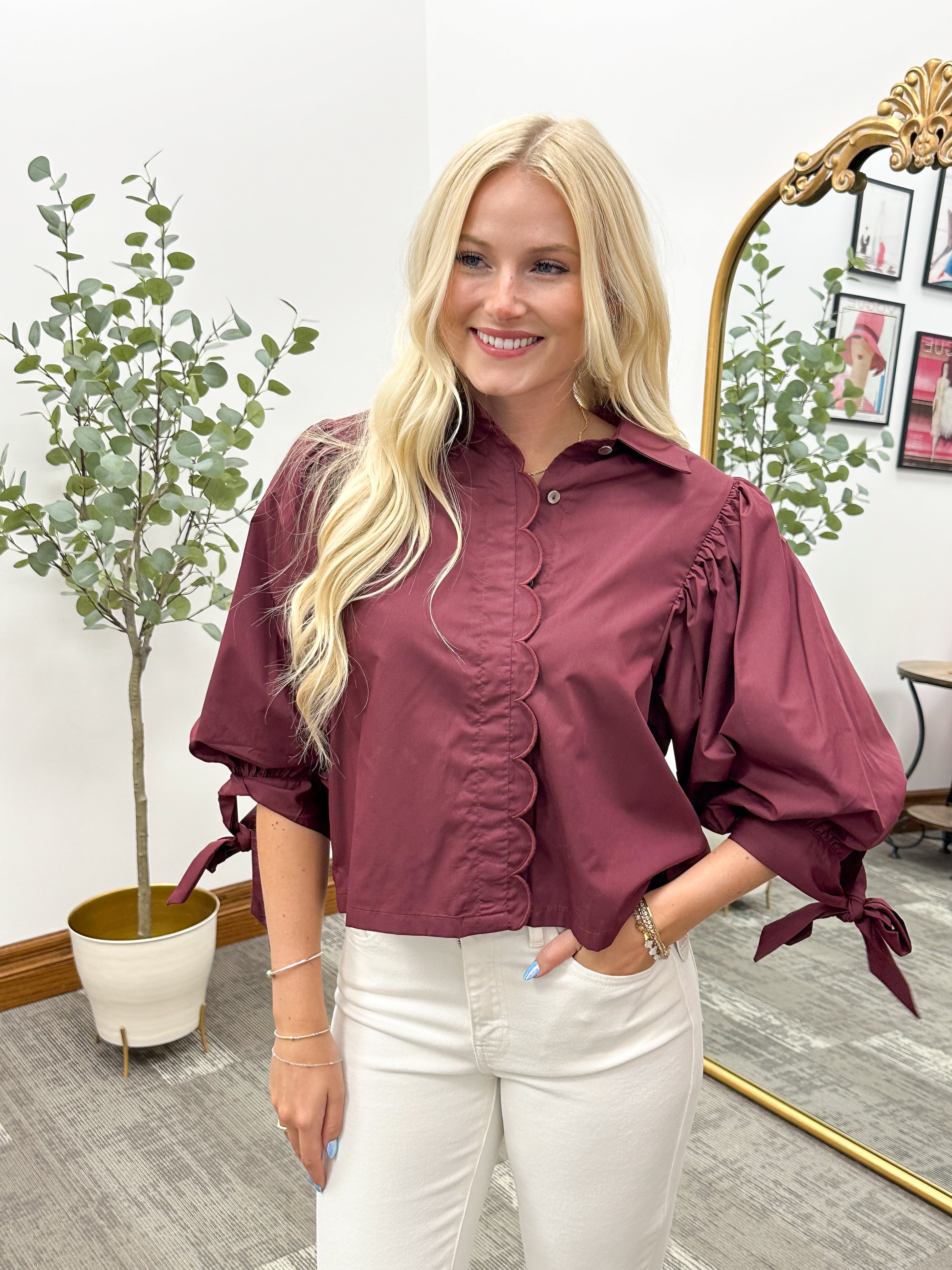 Scalloped Puff Sleeve Button Up Blouse