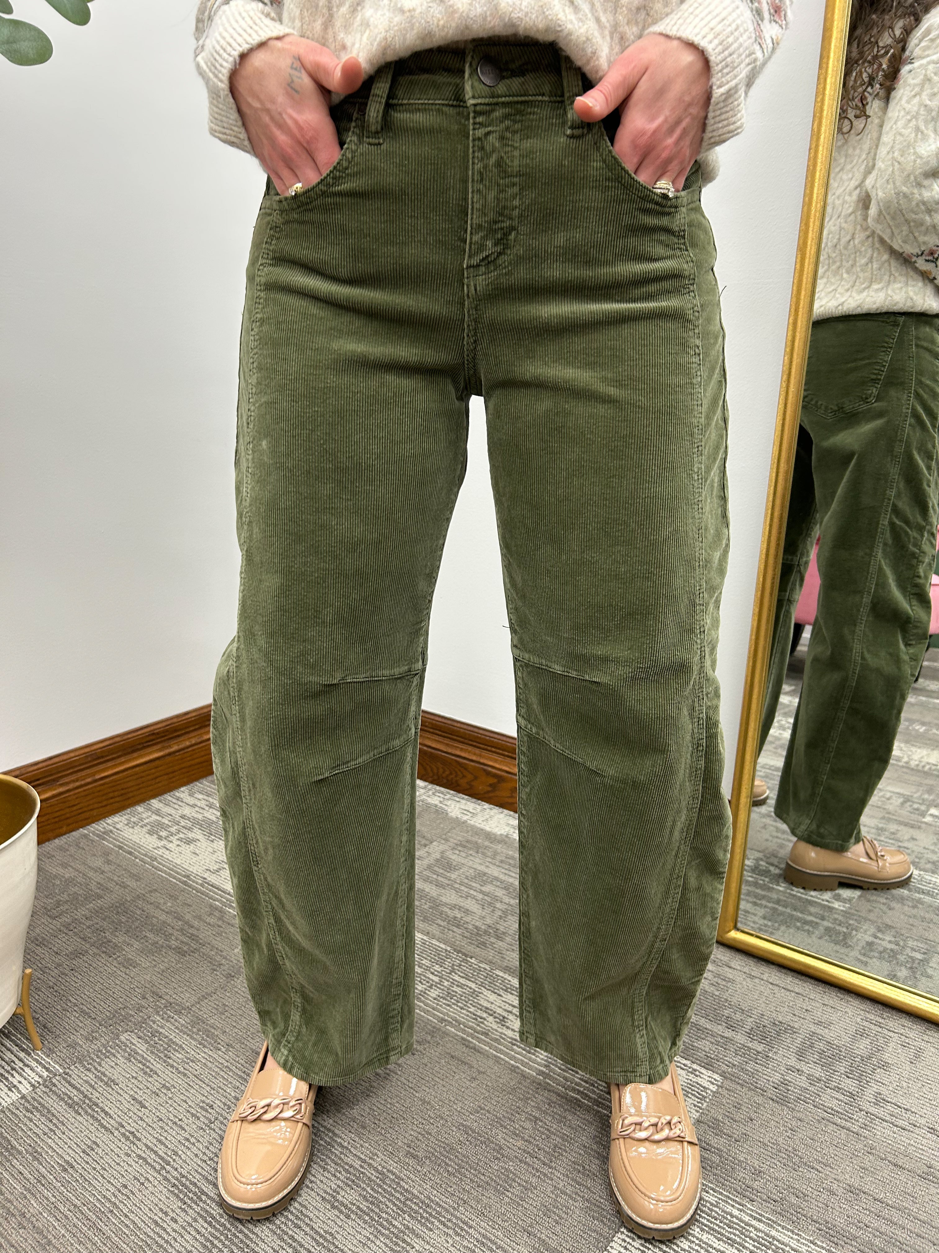 Risen Denim Olive Slouchy Ankle Barrel Corduroy Pants 