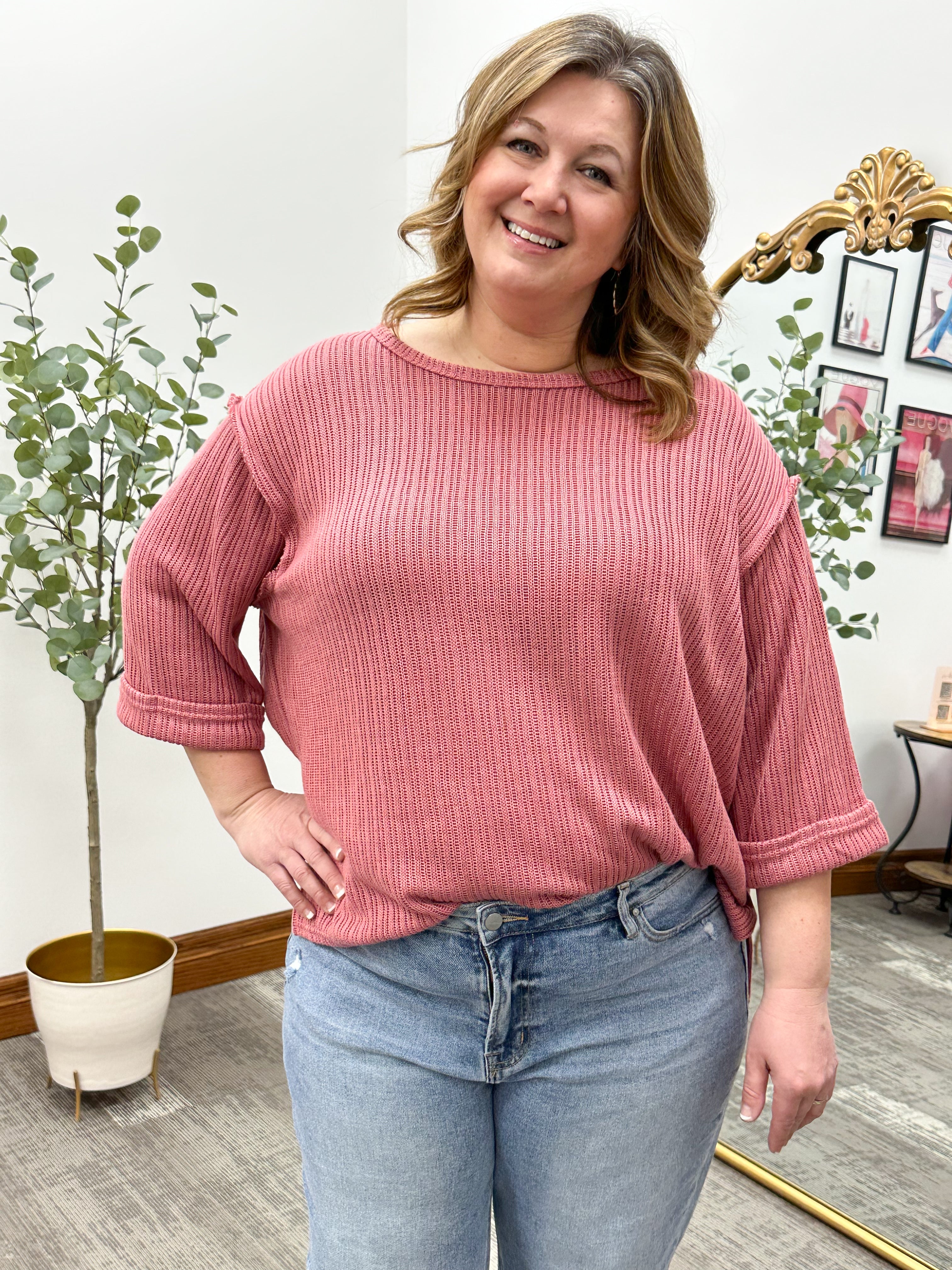 Oversized 3/4 Sleeve Mauve Knit Top