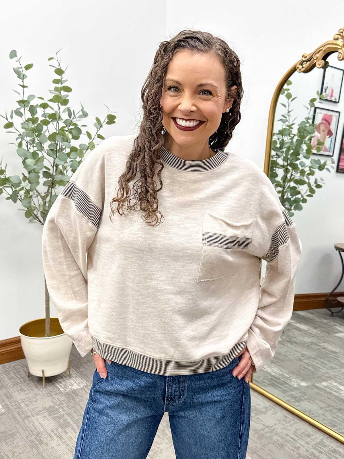 Beige contrast stripe long sleeve top