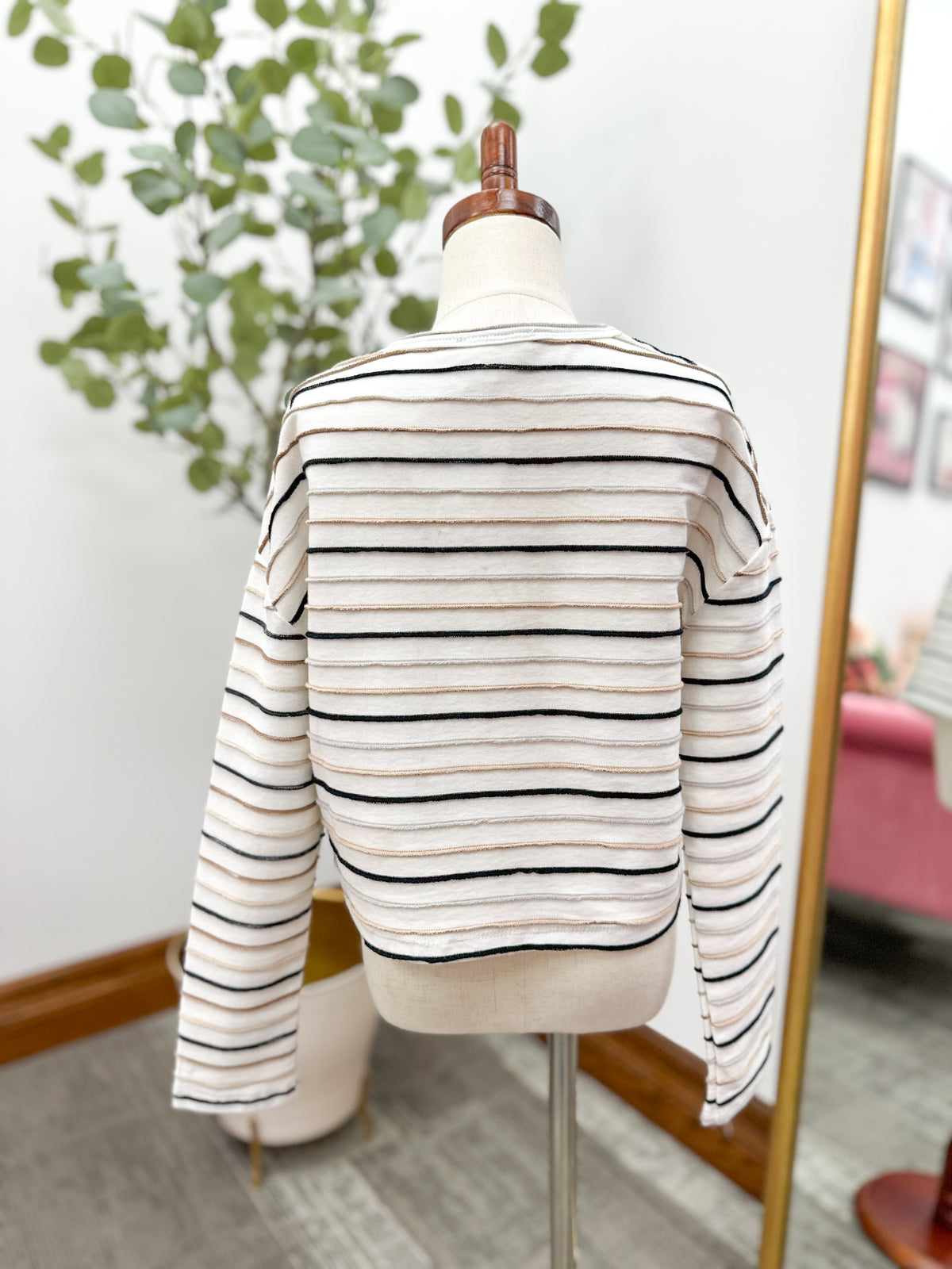 Girls Cream Striped Textured Long Sleeve Top
