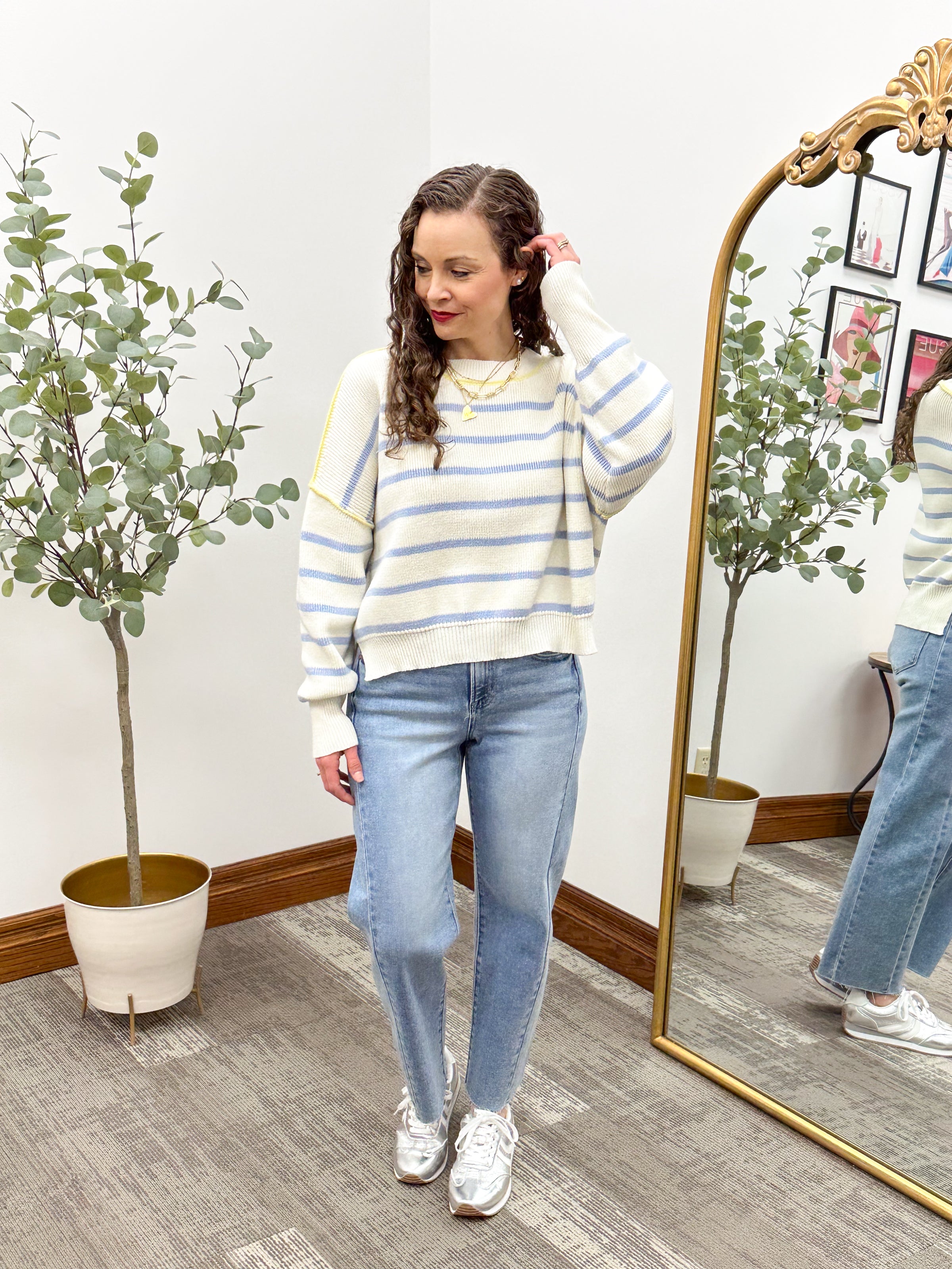 Blue Striped Drop Shoulder Sweater