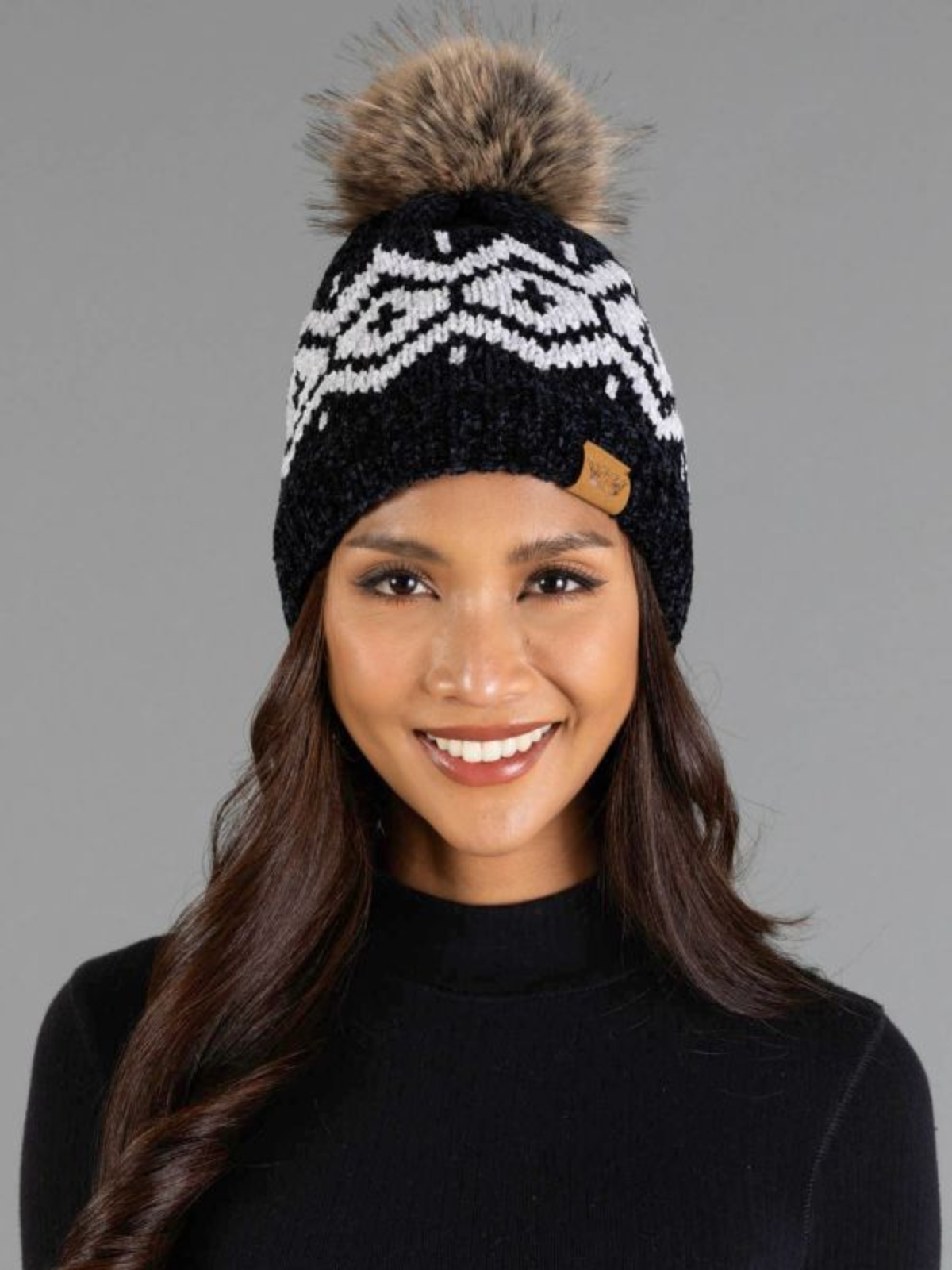 Black & Light Gray Patterned Chenille Pom Hat