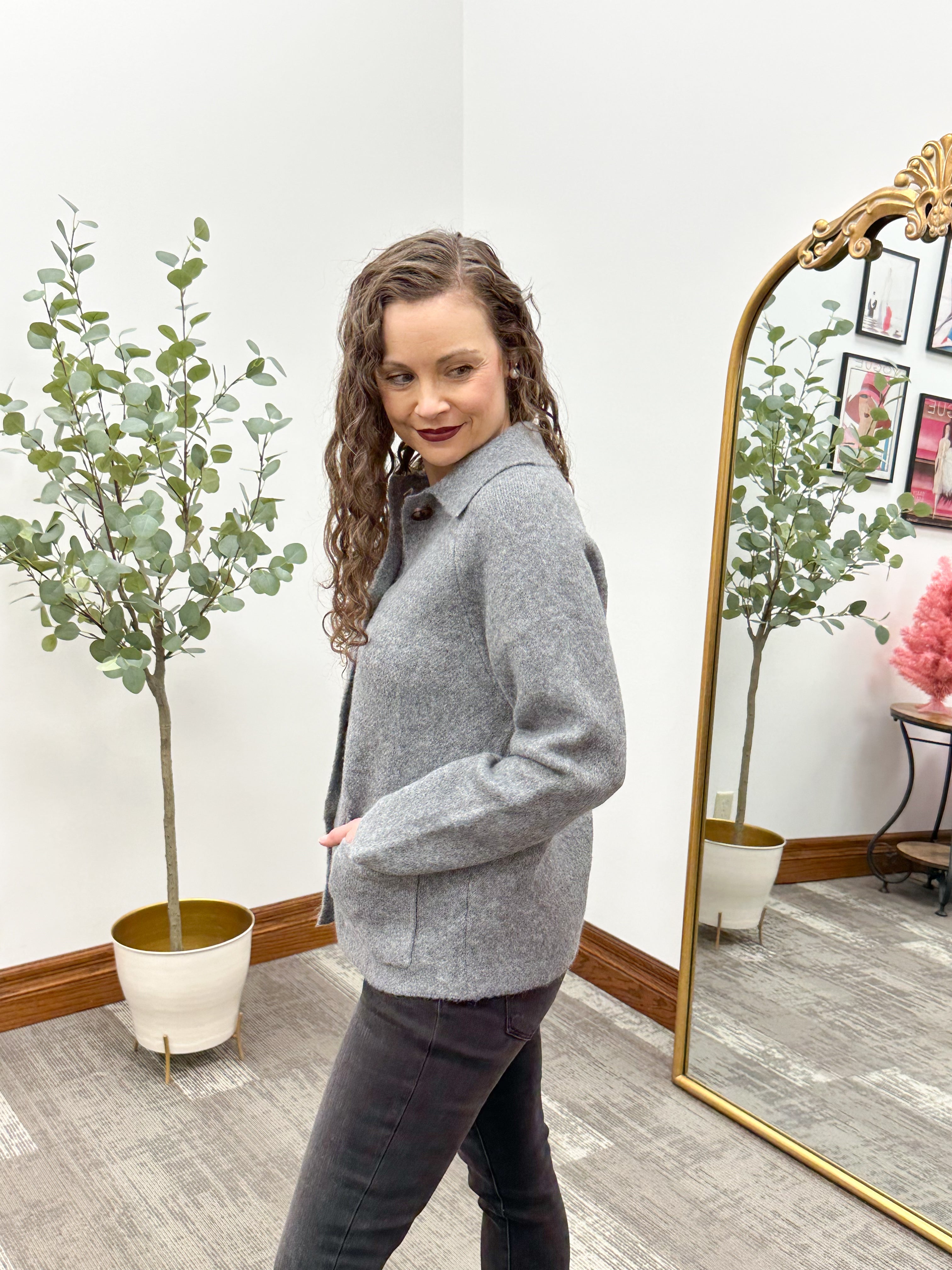 Gray Button Down Collared Cardigan