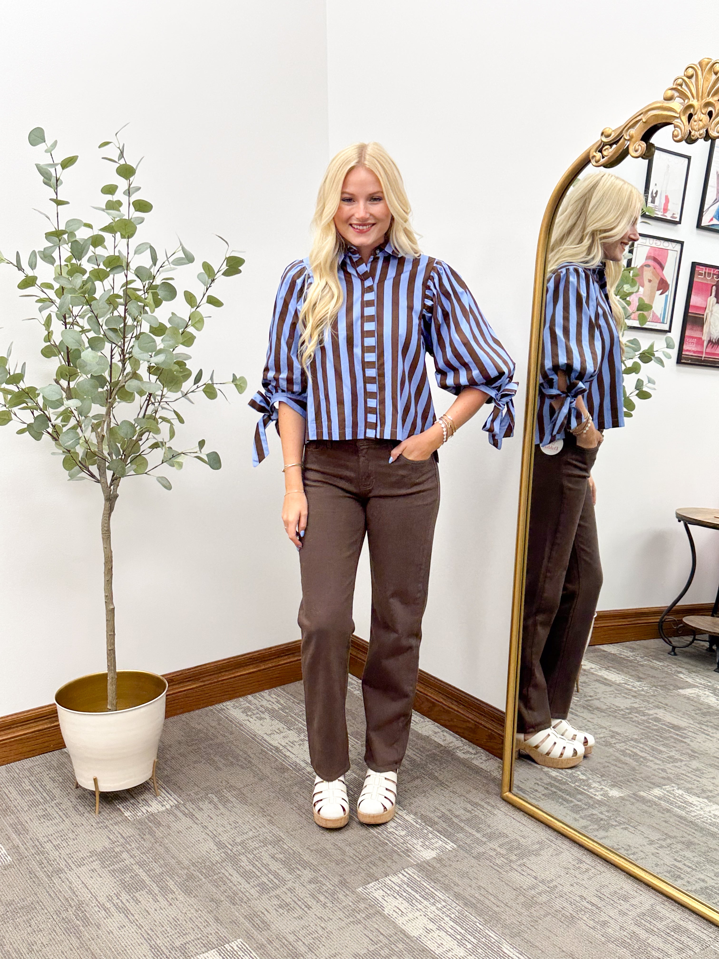 Tie Sleeve Striped Button Up Blouse