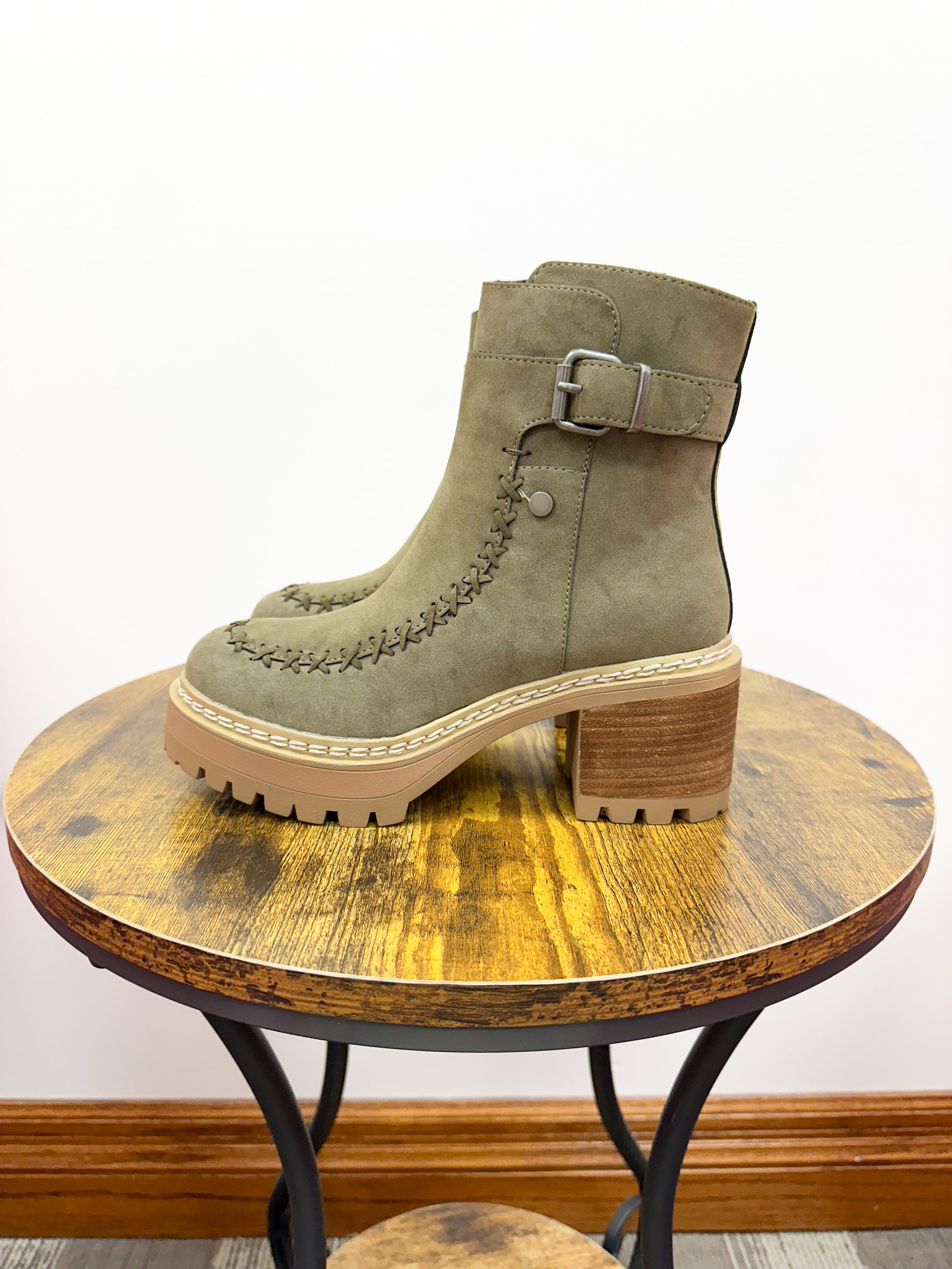 MIA Khaki Olive Faux Suede Chunky Heel Bootie