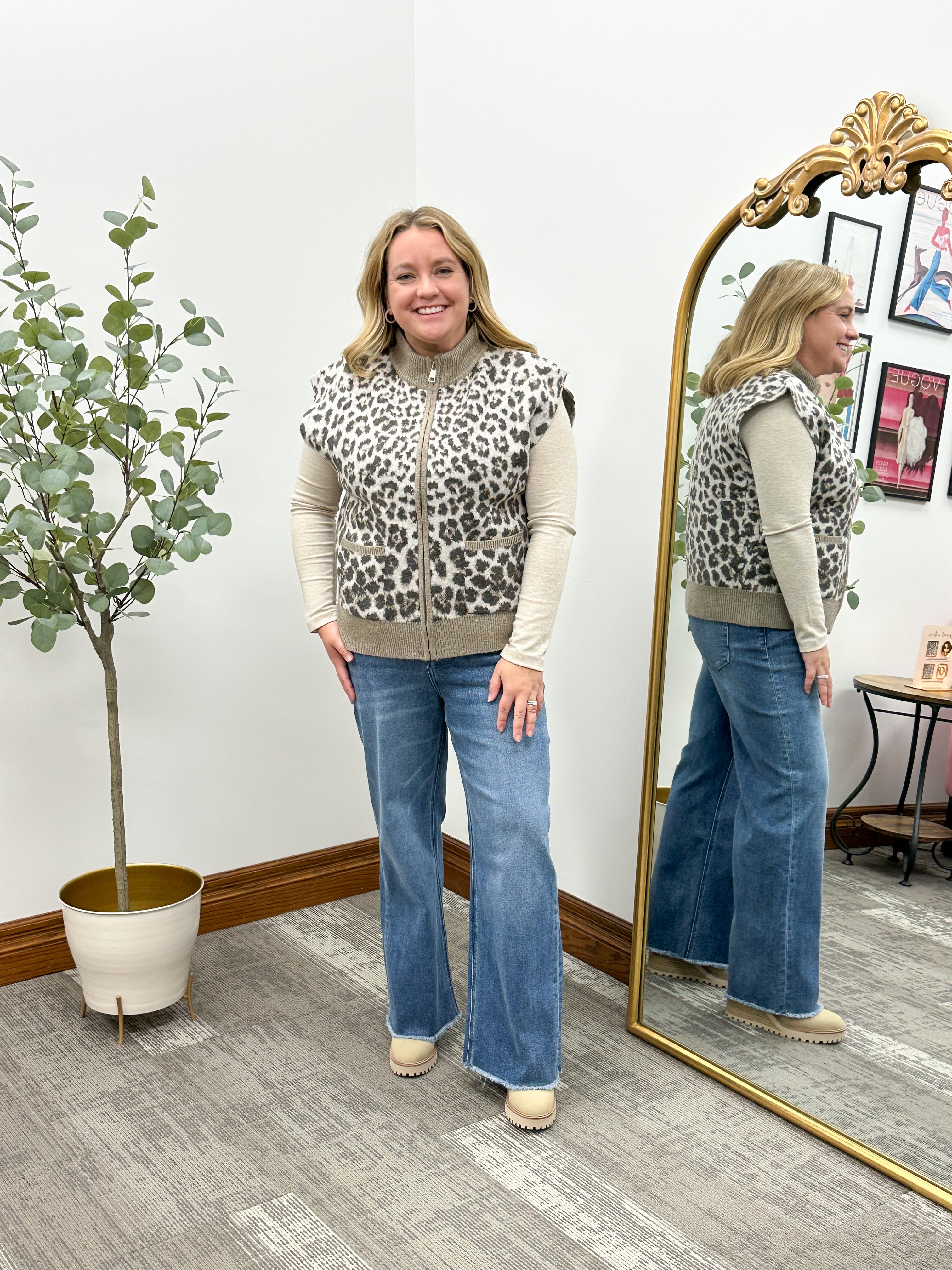 Leopard Print Zip Up Sweater Vest