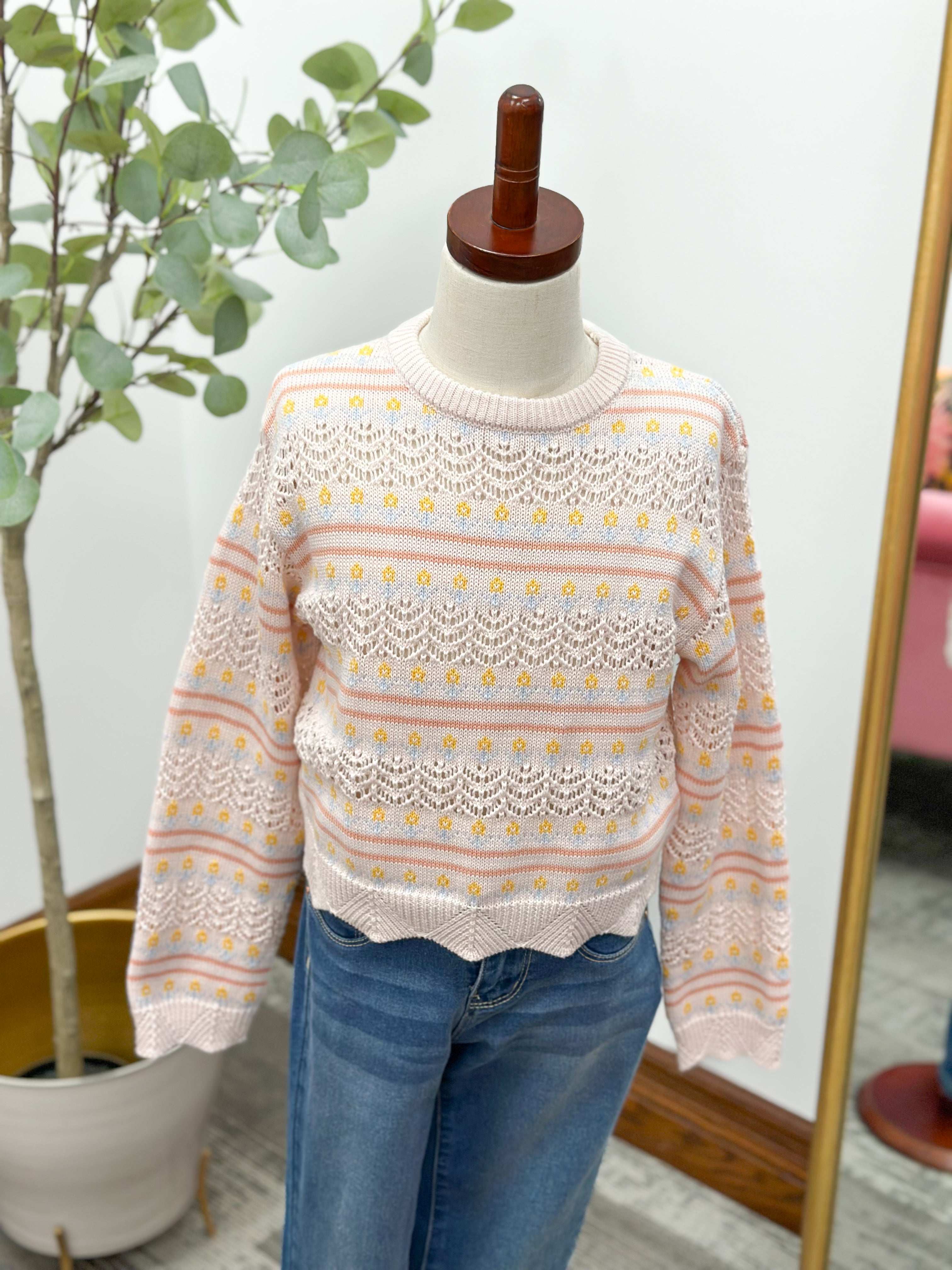 Girls Floral Pointelle Knit Sweater