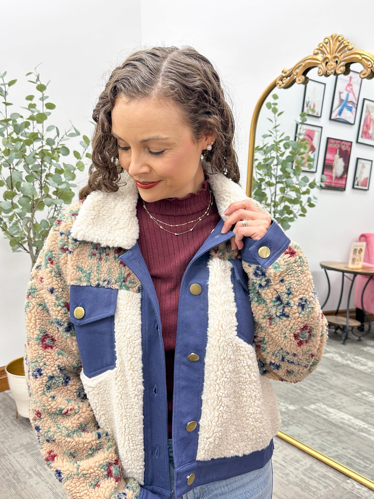 Floral Sherpa Button Up Bomber Jacket