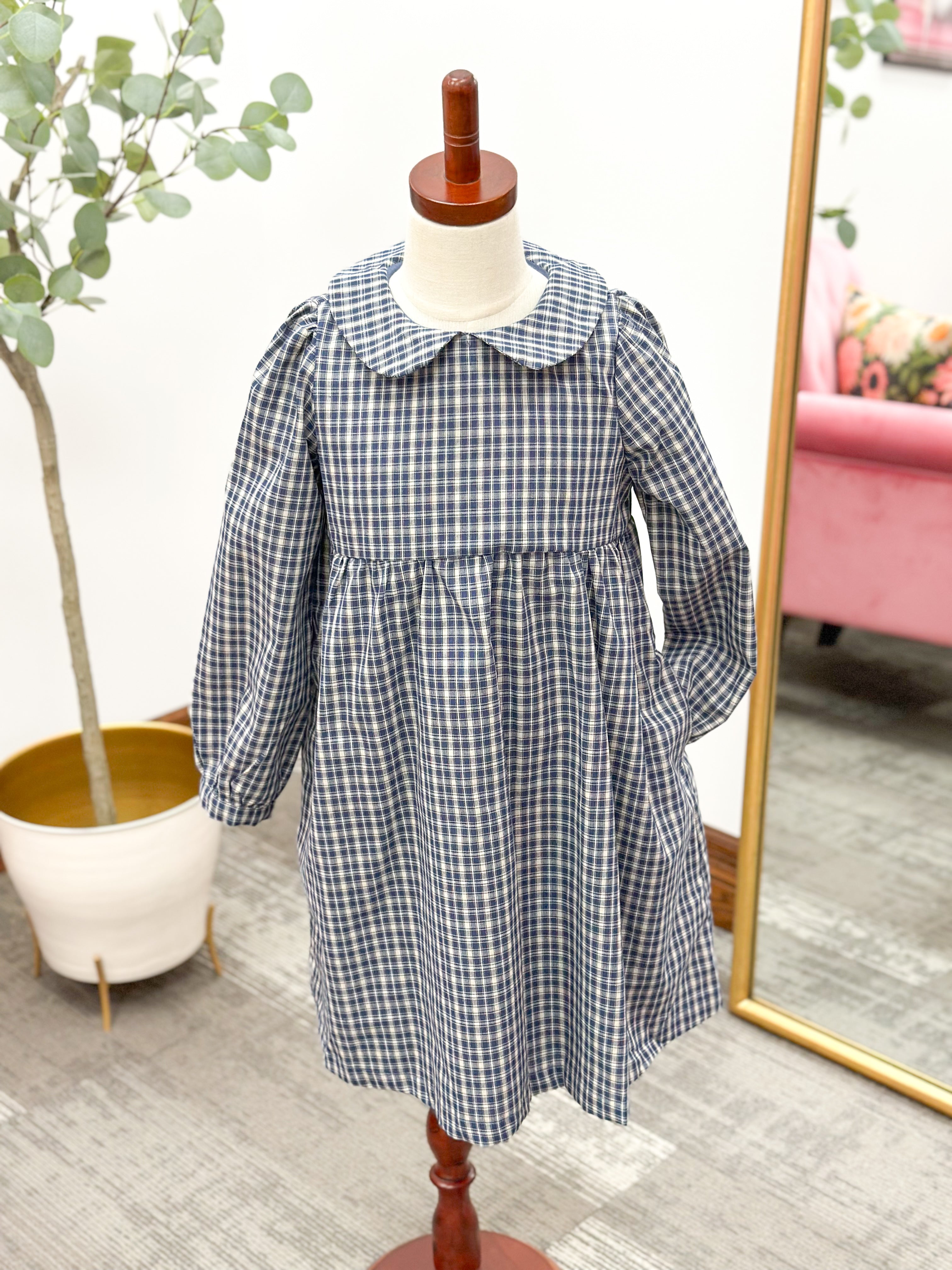 Girls Peter Pan Collar Navy Plaid Dress