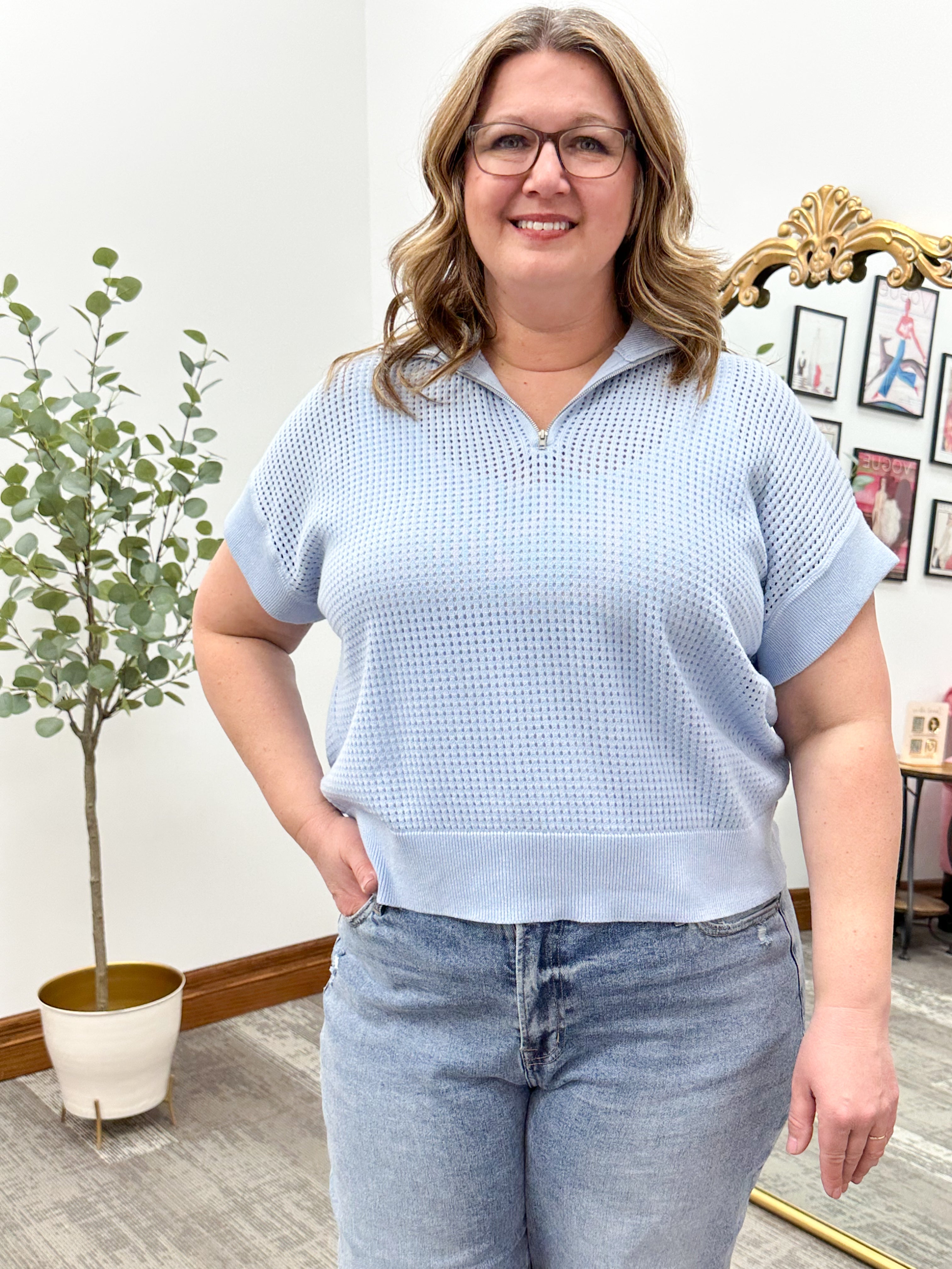 1/4 Zip Sky Blue Open Knit Short Sleeve Sweater Top Plus Size