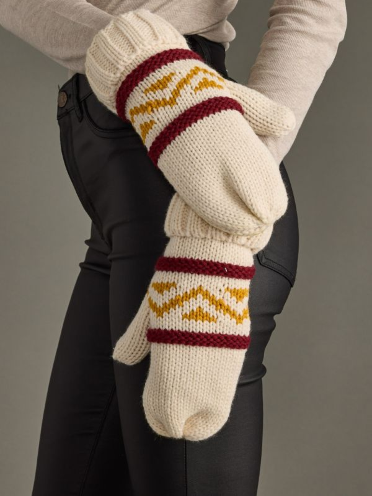 Cream, Maroon & Gold Patterned Mittens