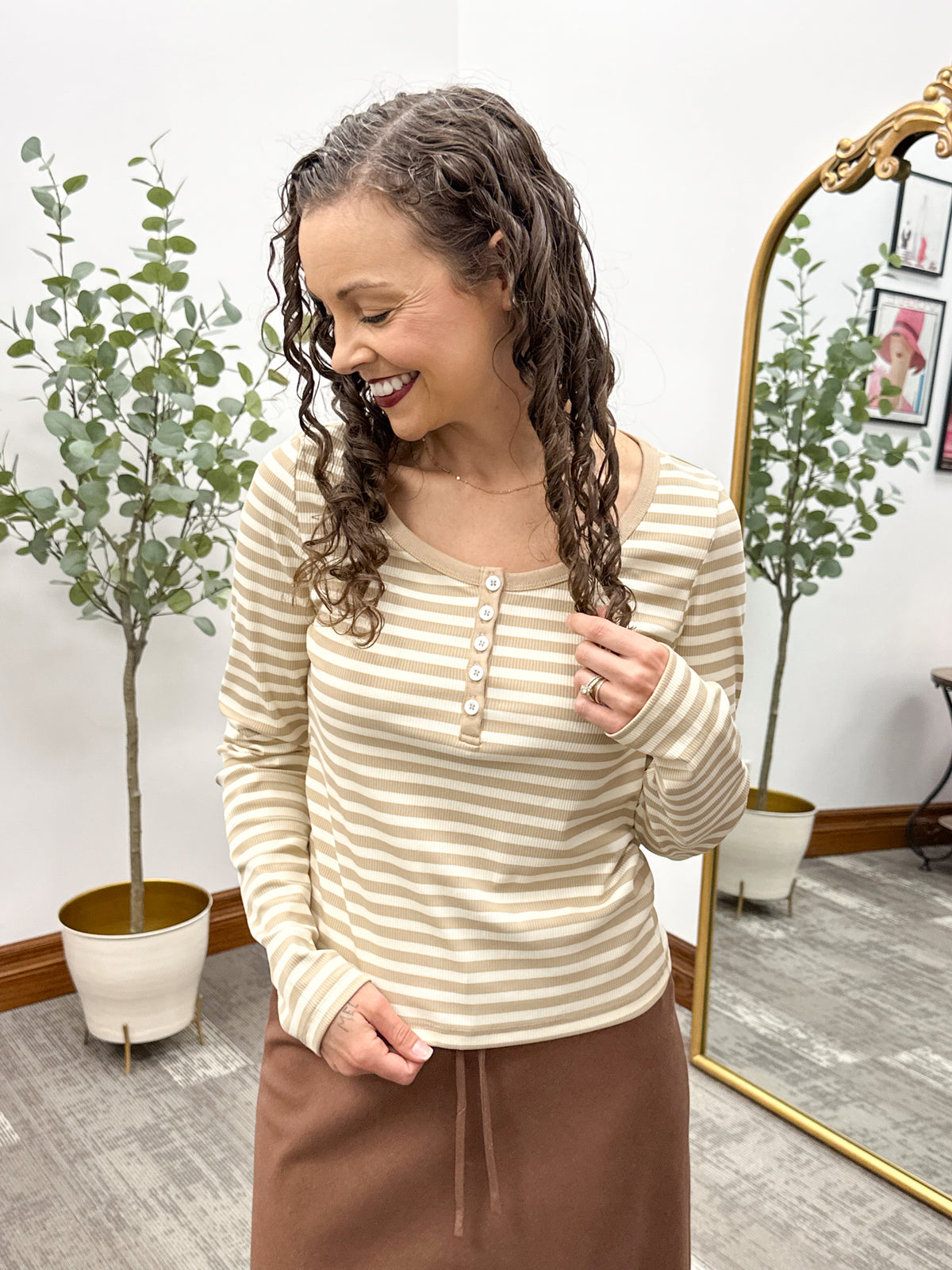 Tan & Cream Striped Ribbed Henley Top