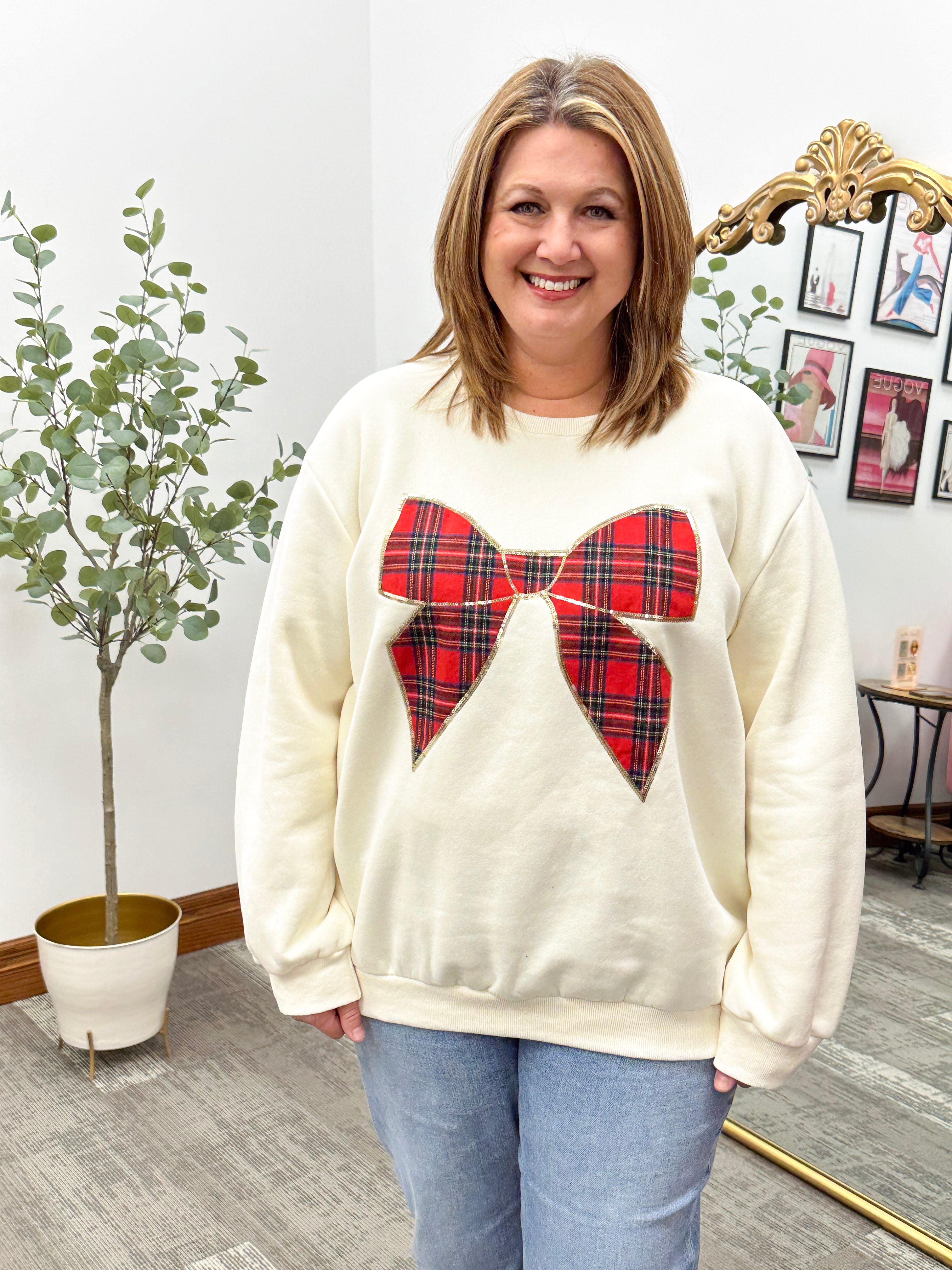 Red Plaid Flannel Bow Sweatshirt