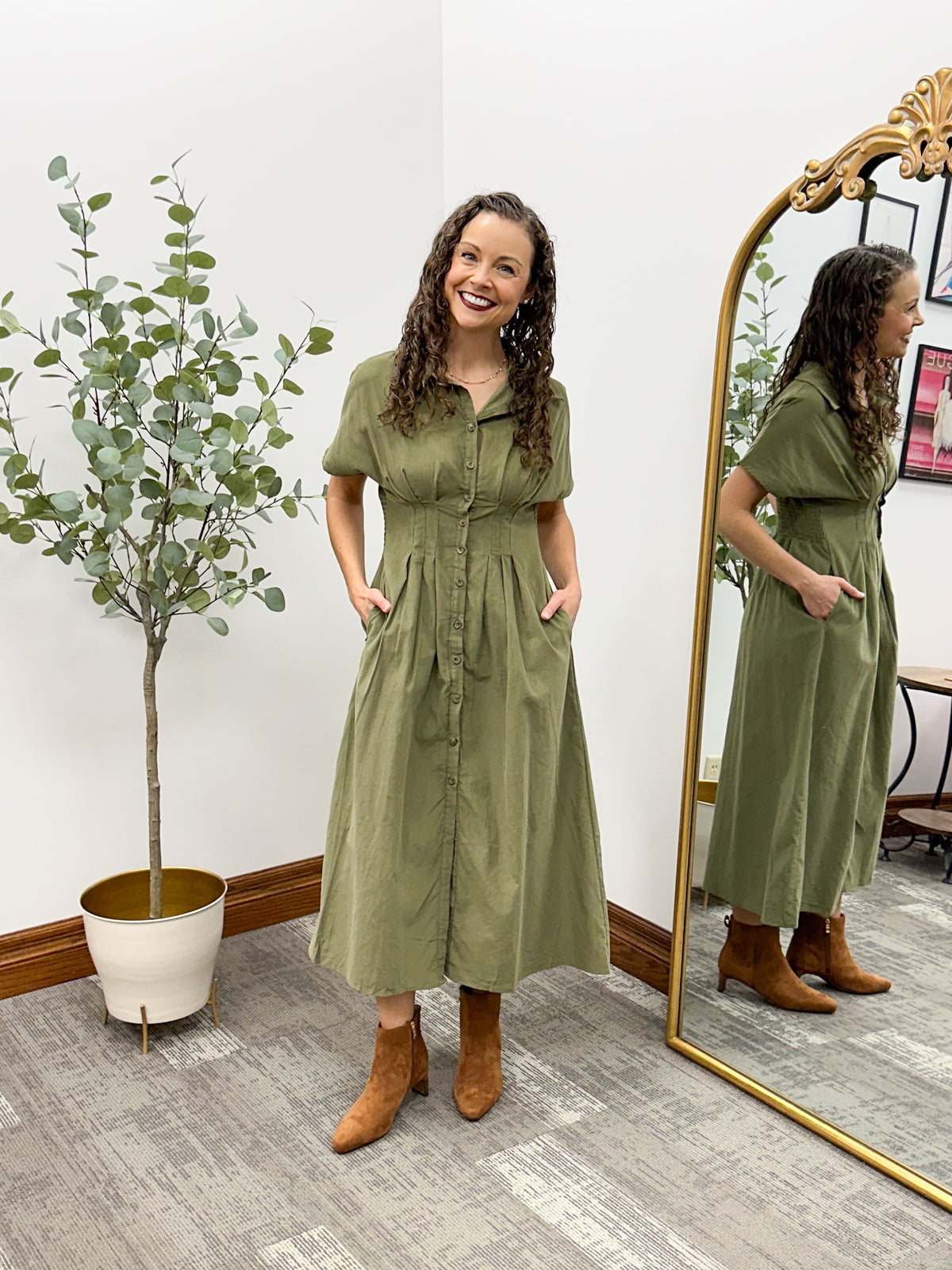 Olive Corduroy Button Front Midi Dress