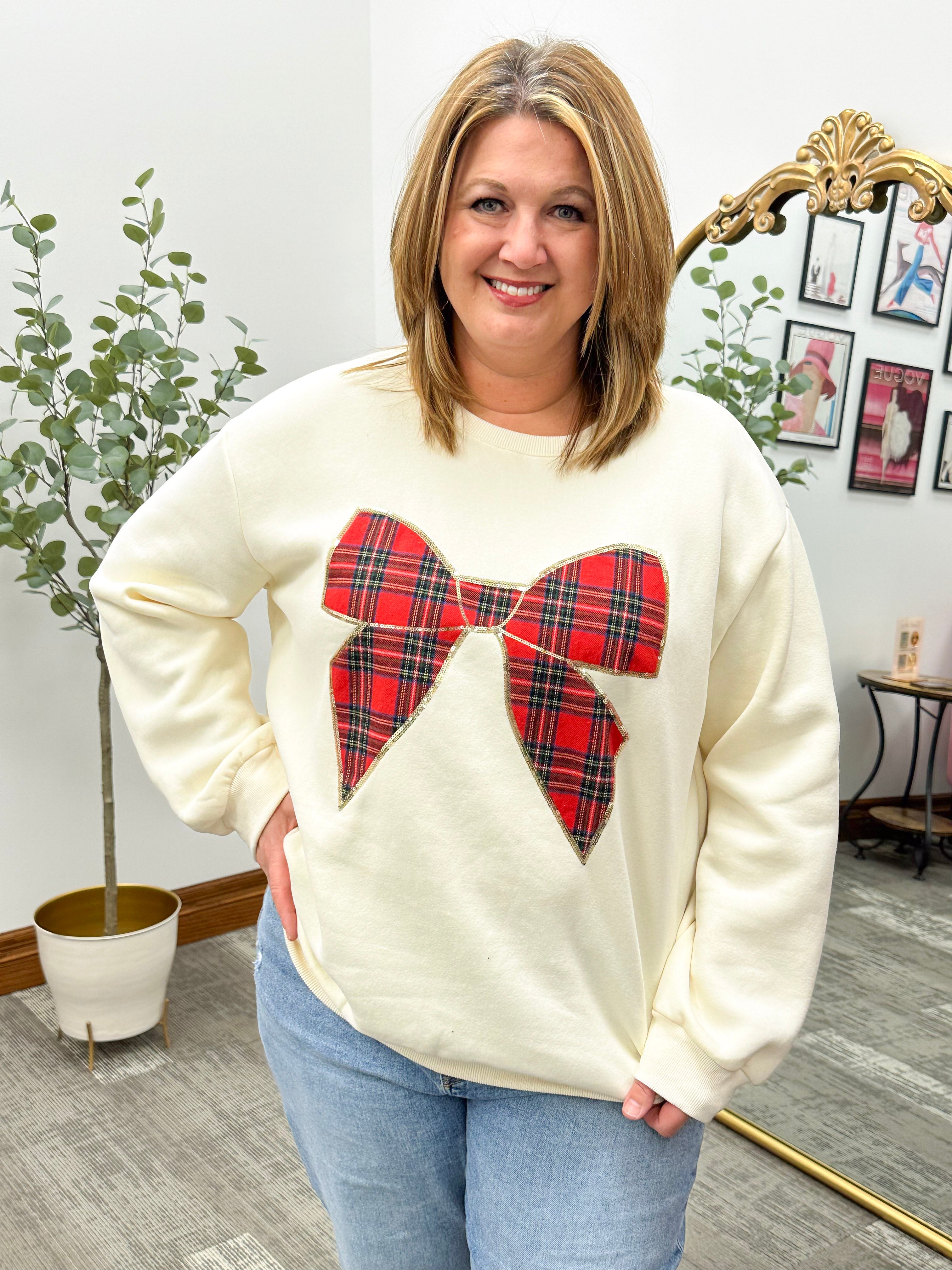 Red Plaid Flannel Bow Sweatshirt