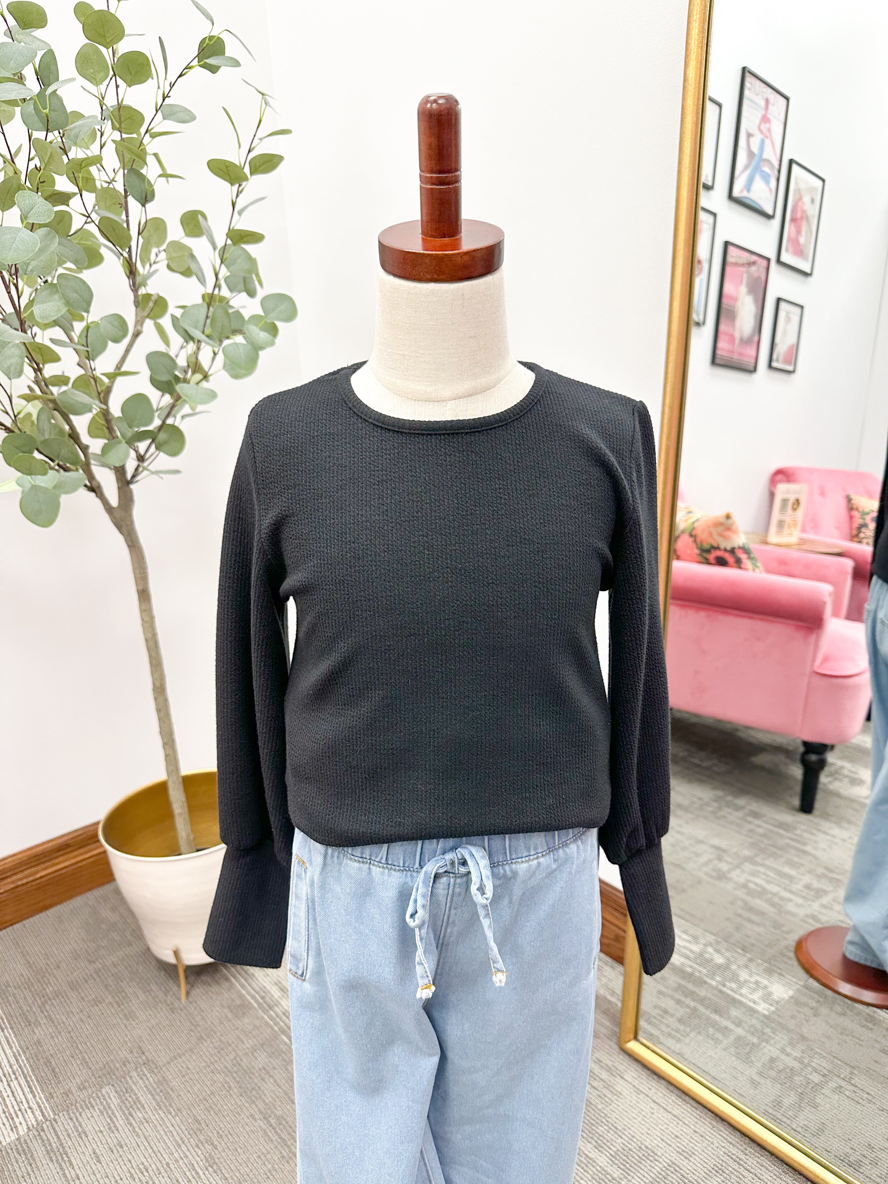 Girls Black Ribbed Long Sleeve Top