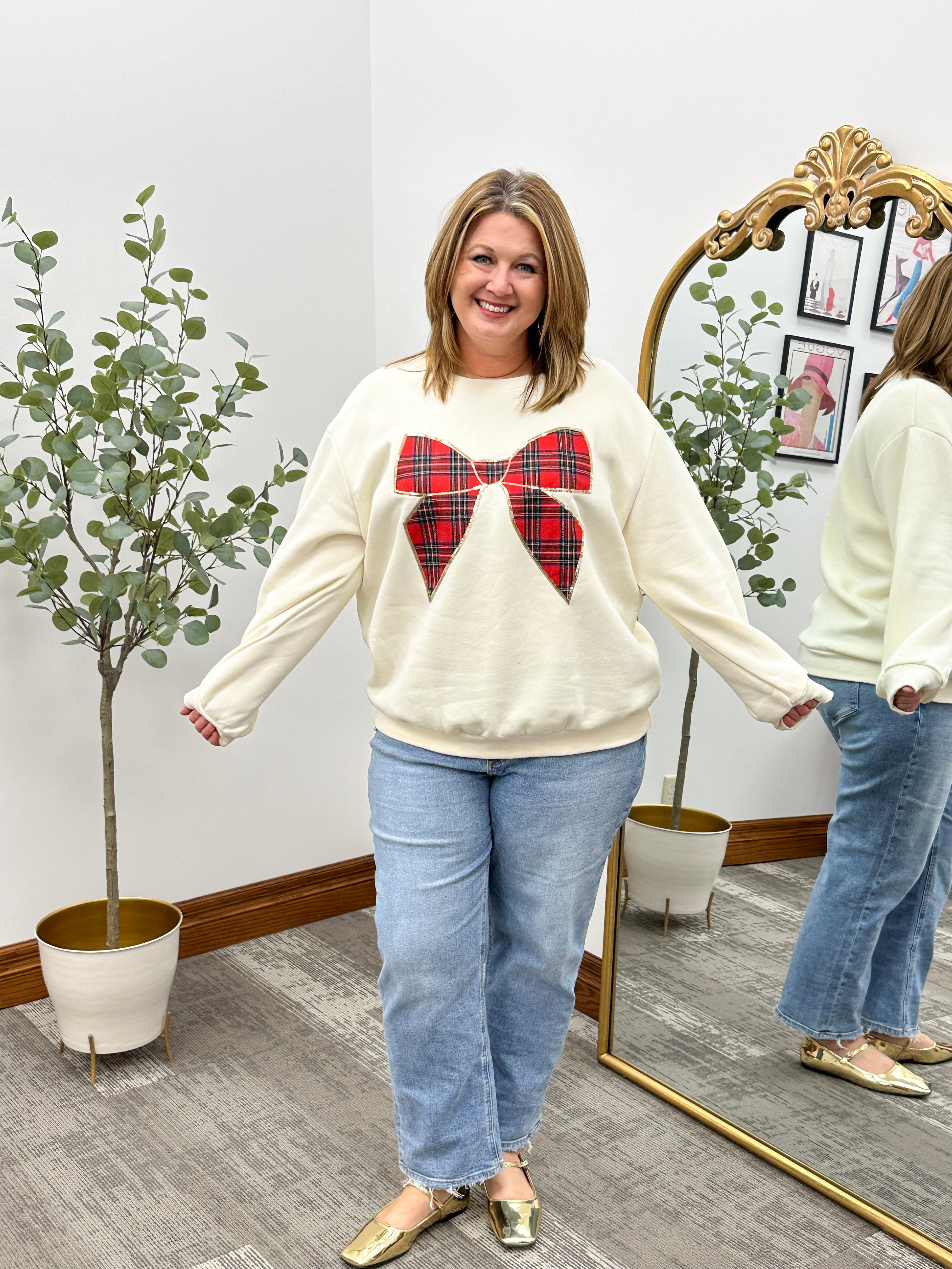 Red Plaid Flannel Bow Sweatshirt