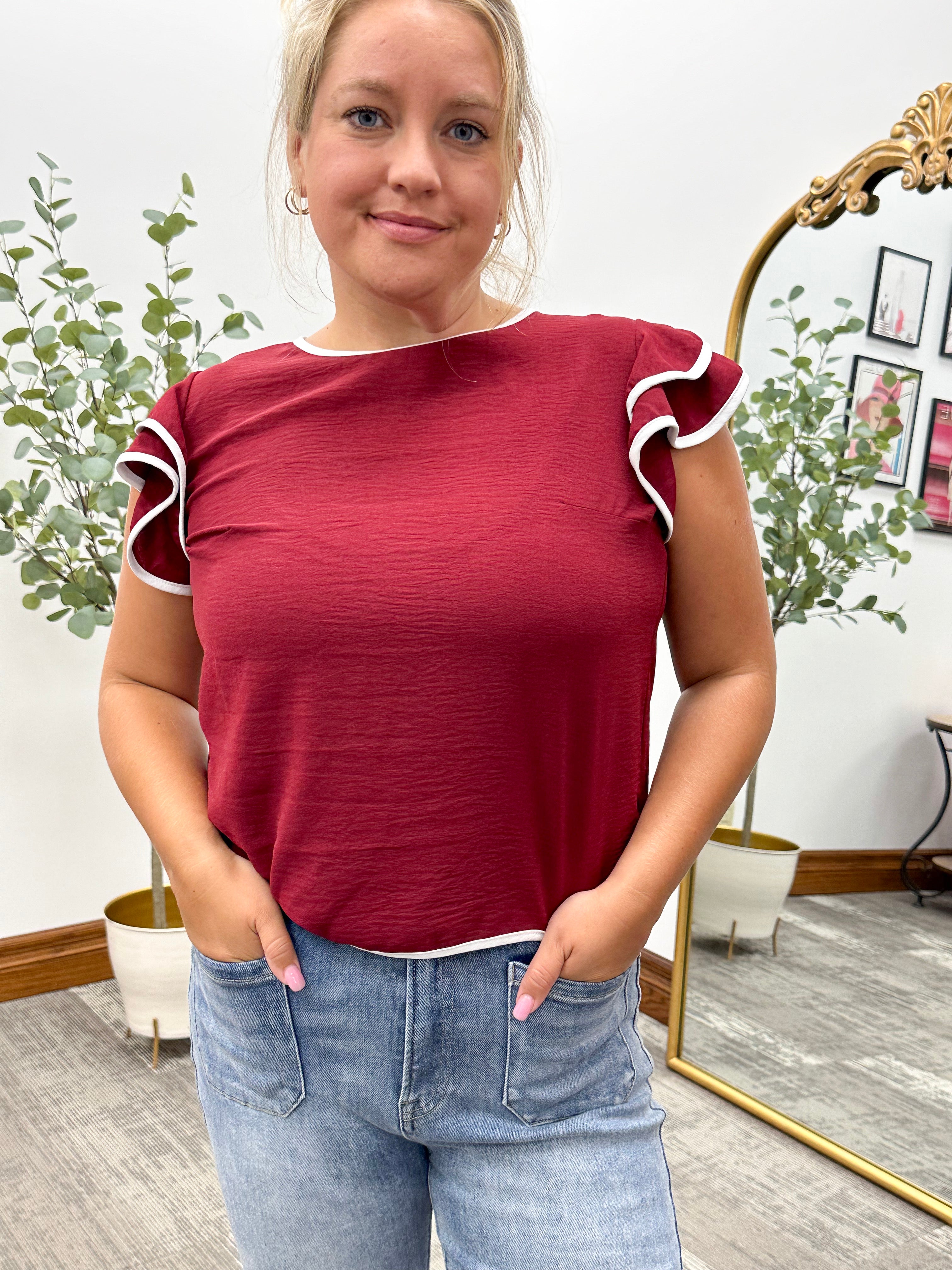 Maroon Ruffle Sleeve Top