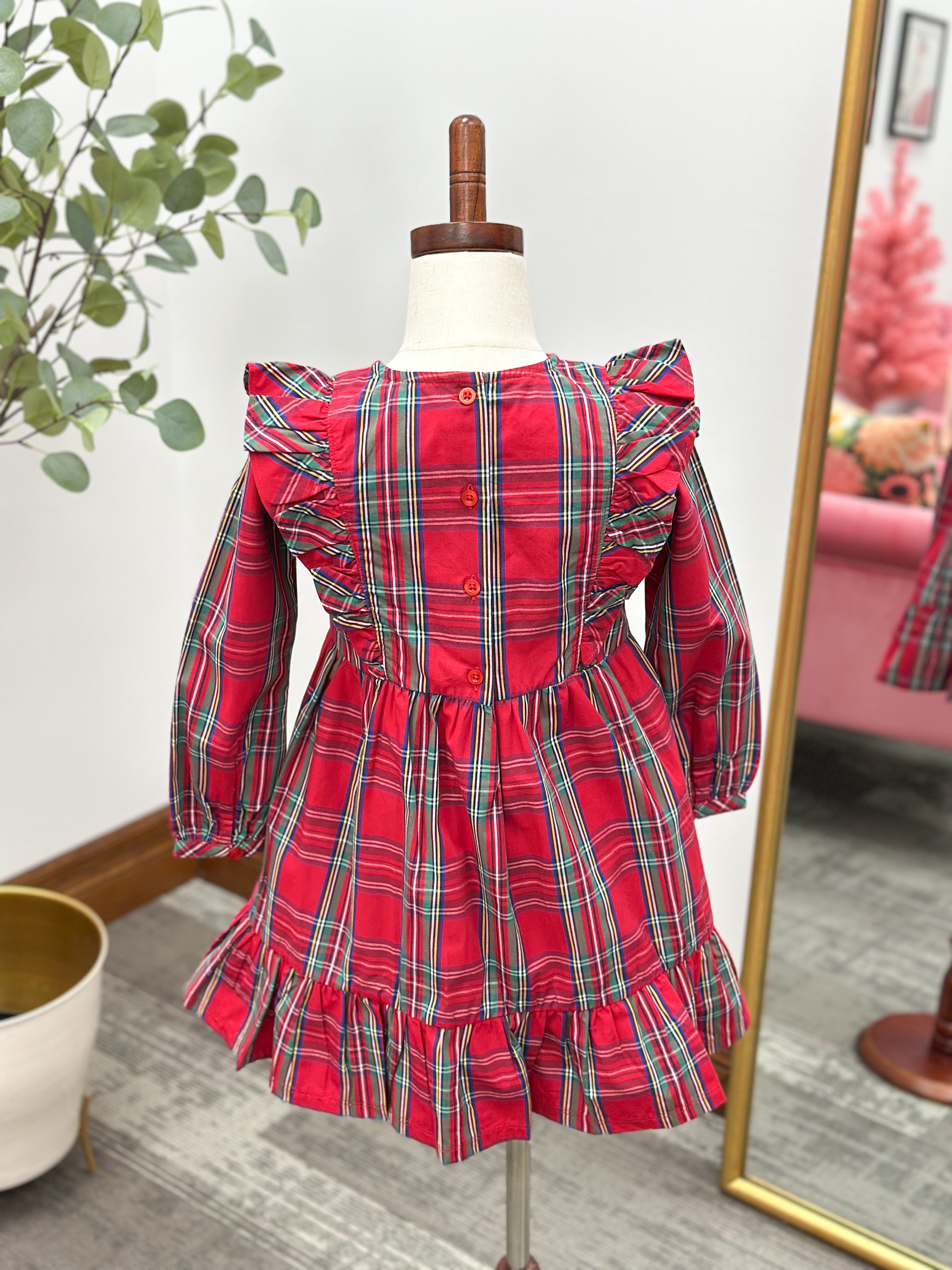 Girls Red Plaid Ruffle Dress