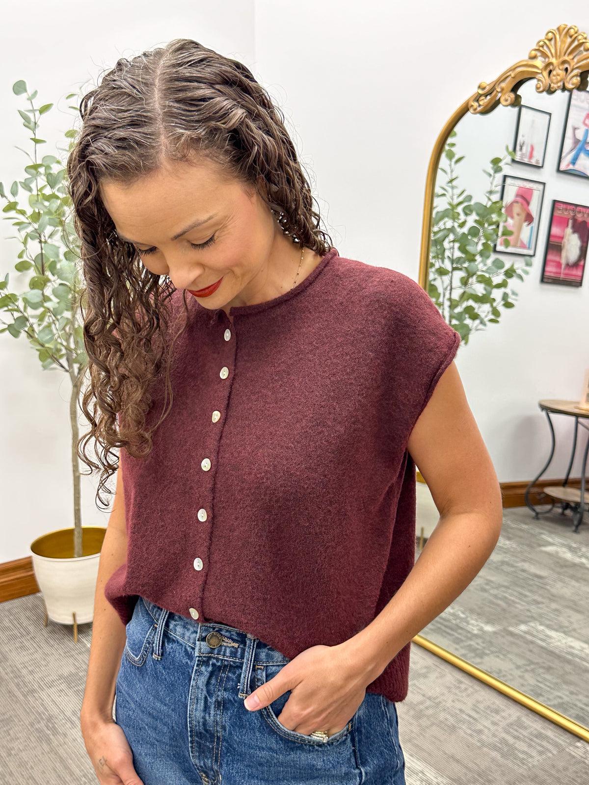 Maroon sleeveless cardigan, sweater vest, sleeveless sweater 