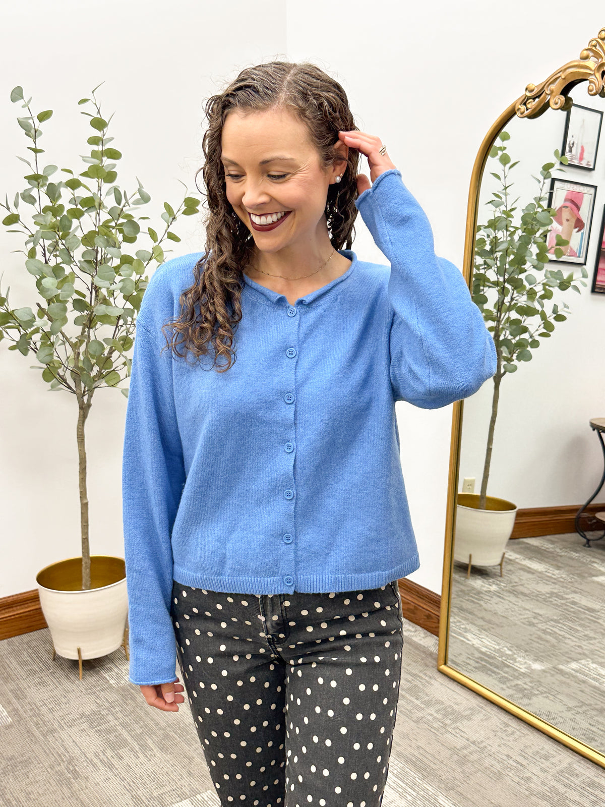 Royal blue button up cardigan with rolled collar