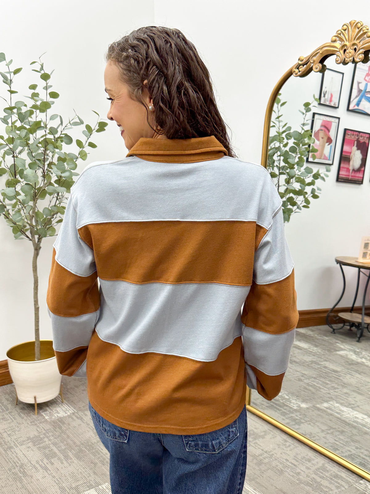 Tan & Blue Striped Collared Long Sleeve Top
