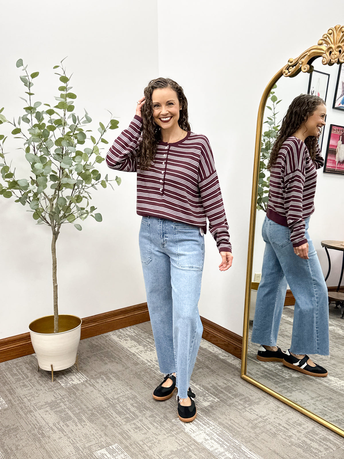 Maroon & Cream Striped Henley Sweater