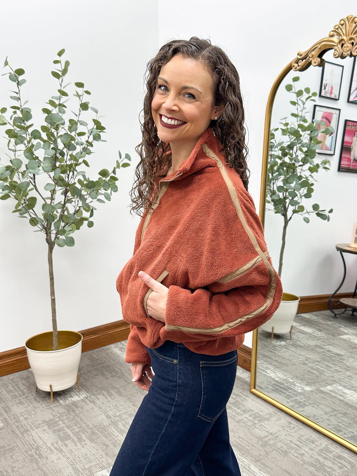Contrast Trim Sherpa Pullover