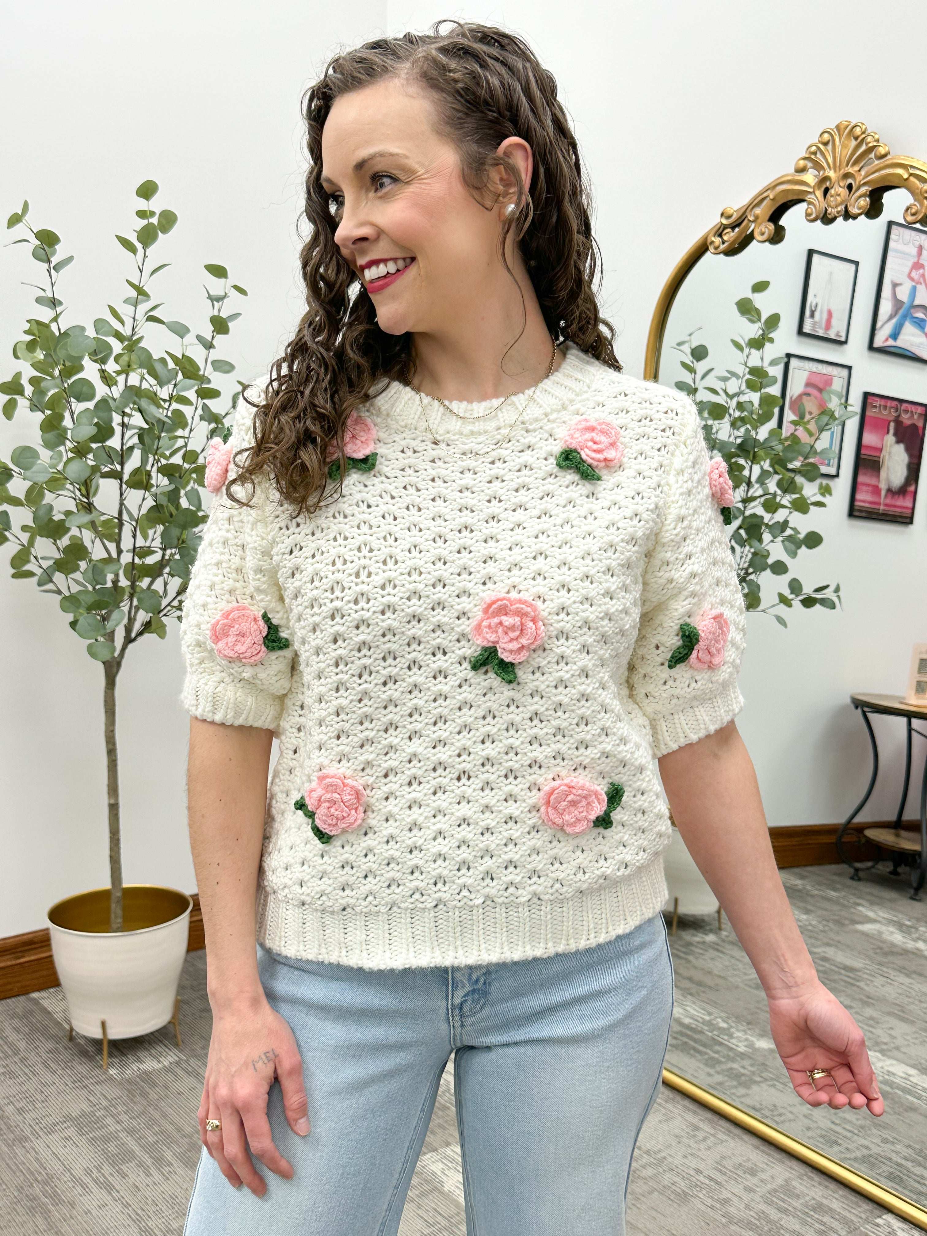 Lexi Pink Rose Applique Sweater