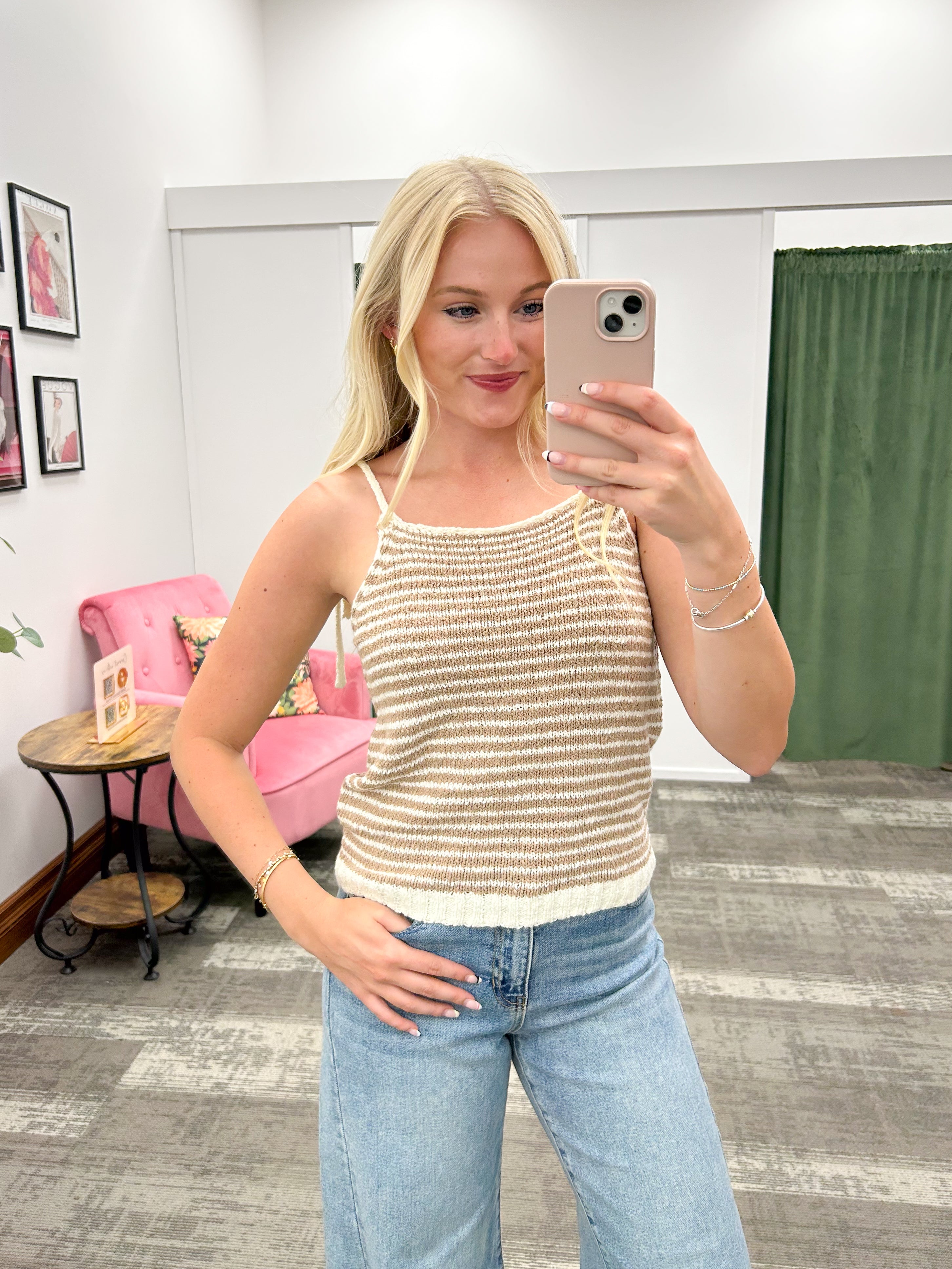 Striped Knit Tie Strap Tank Top