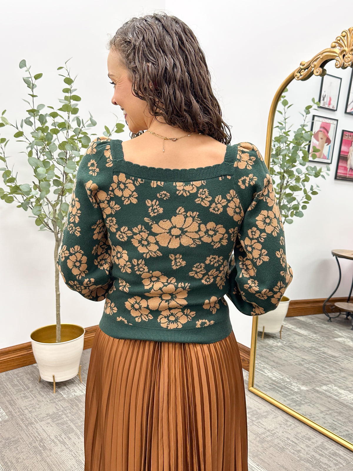 Green & Camel Floral Print Sweater