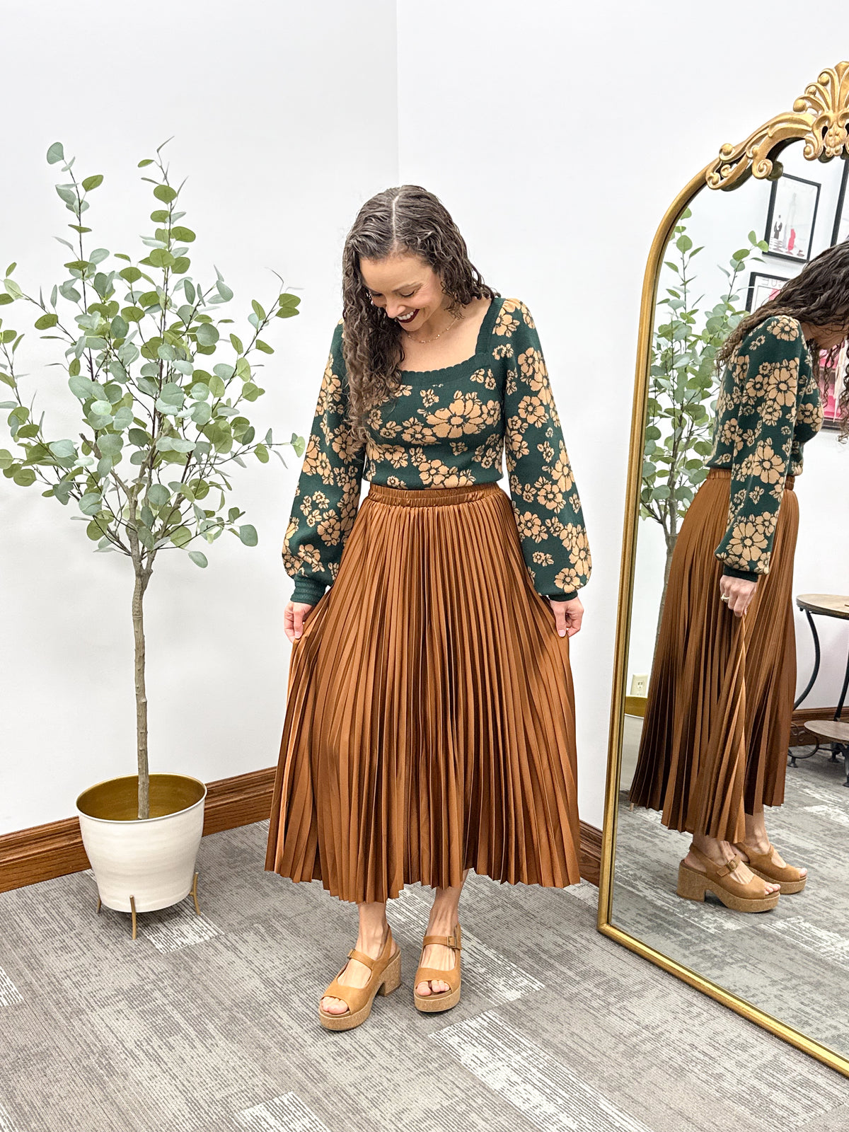 Brown Satin Pleated Midi Skirt