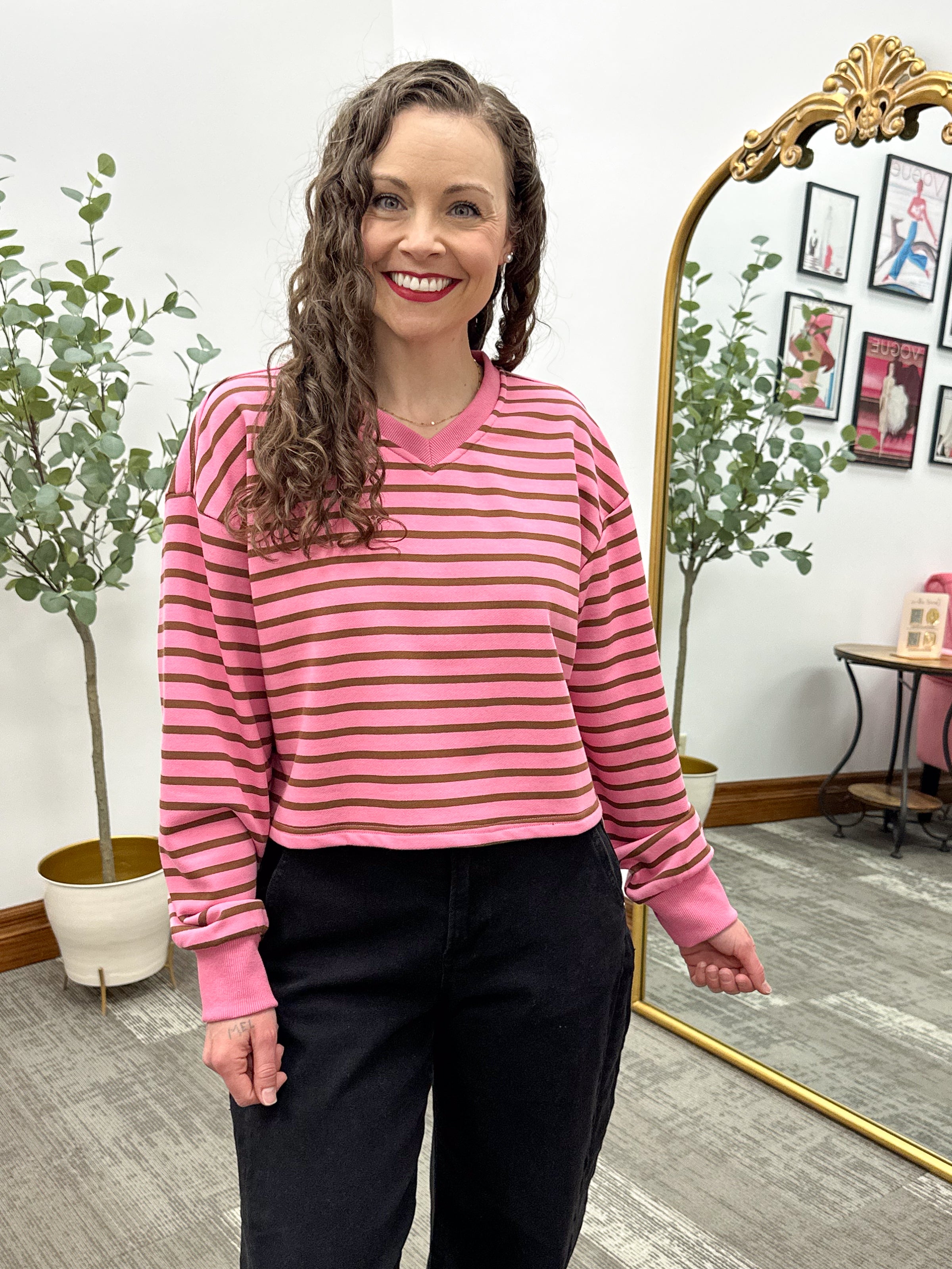 Pink & Brown Striped French Terry Top