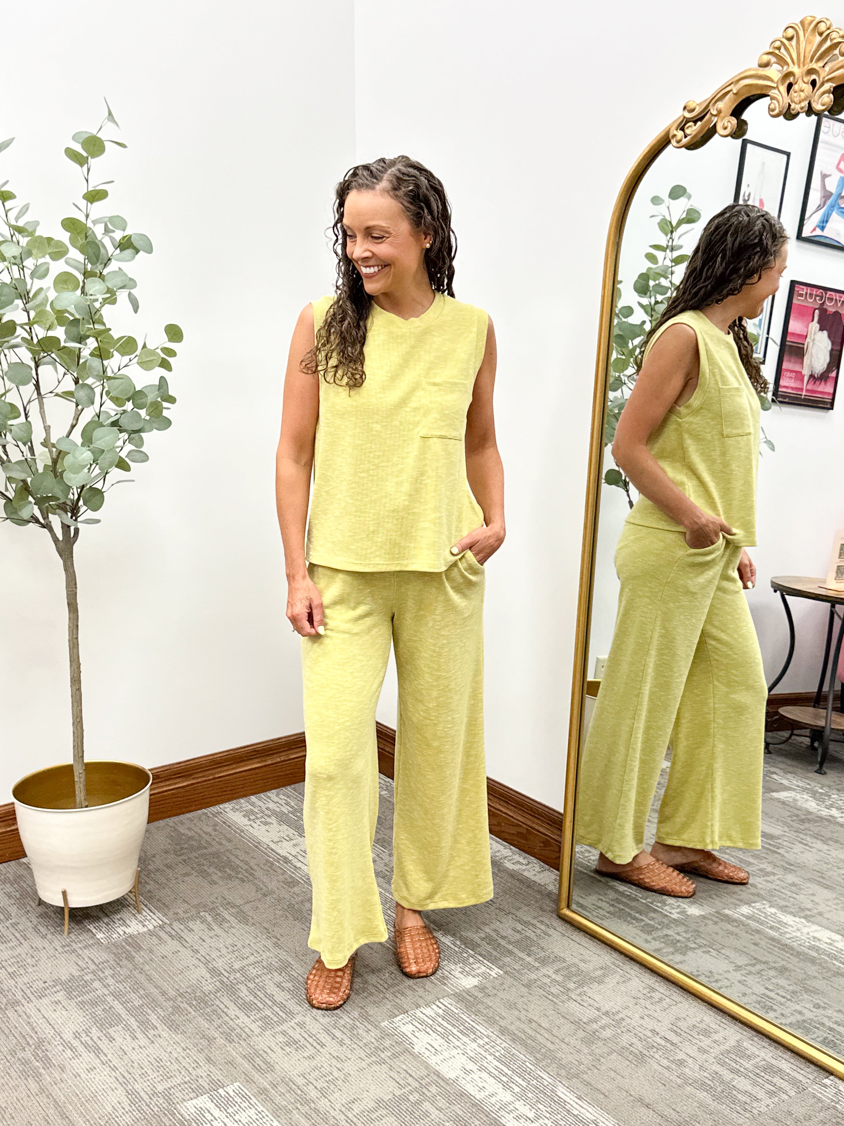 Chartreuse Ribbed Wide Leg Pants