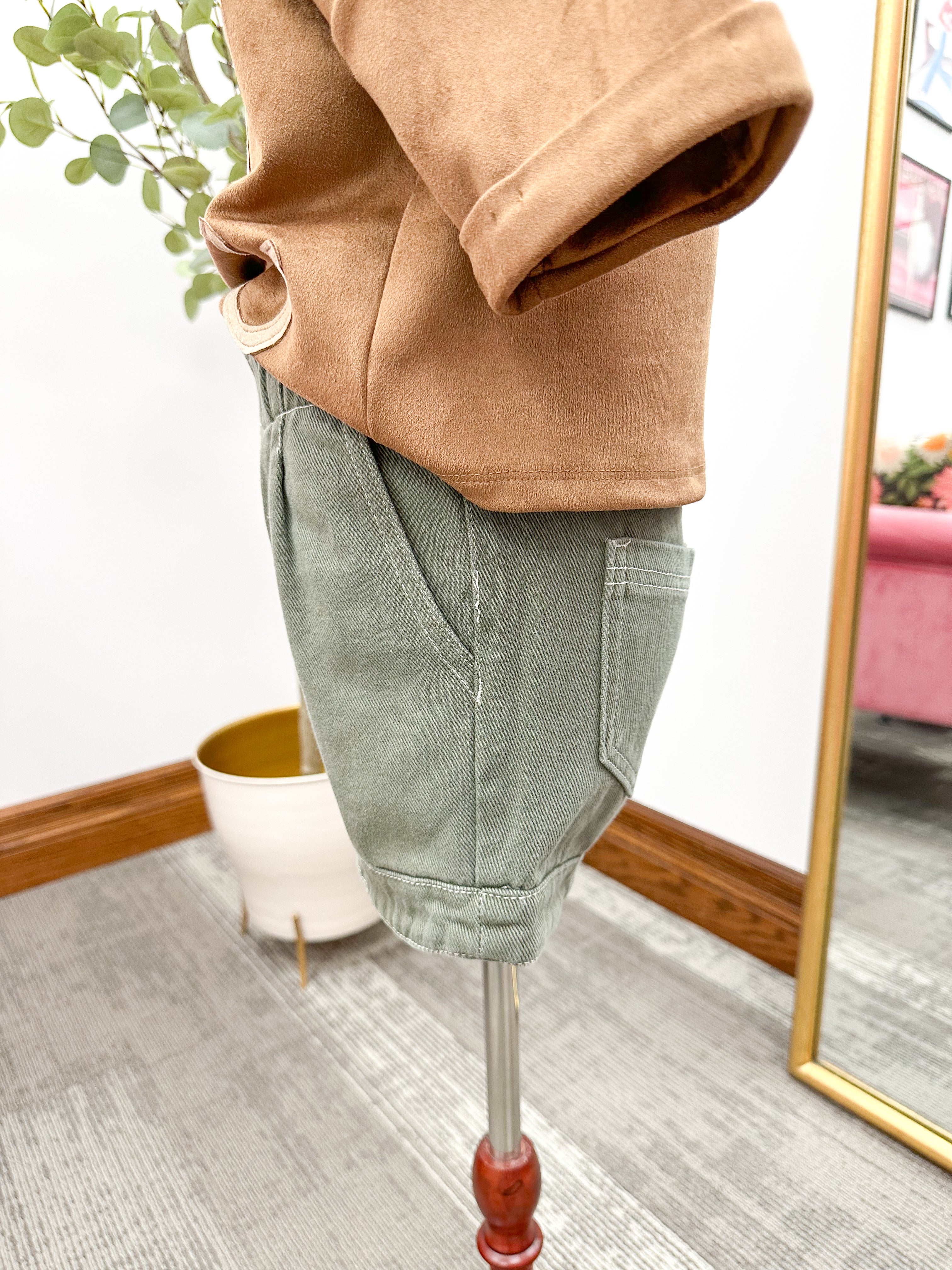 Girls Olive Denim Paper Bag Shorts