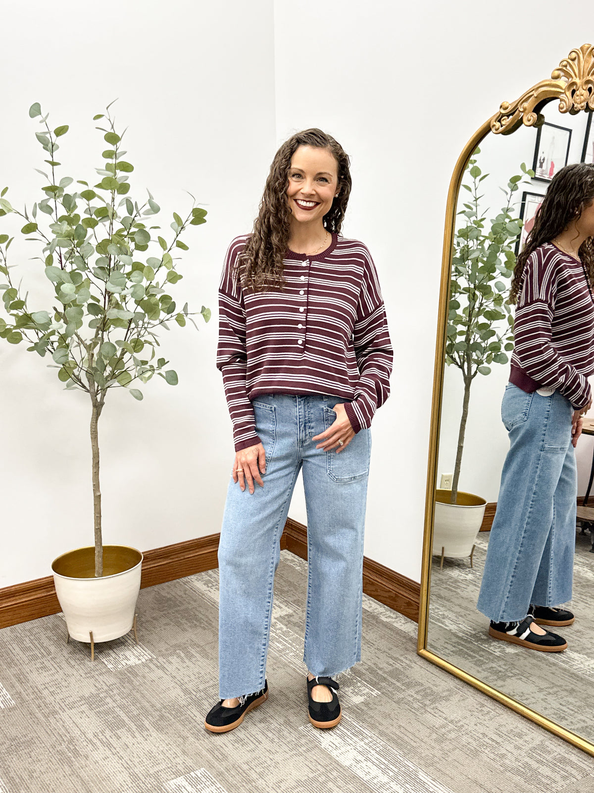 Maroon & Cream Striped Henley Sweater