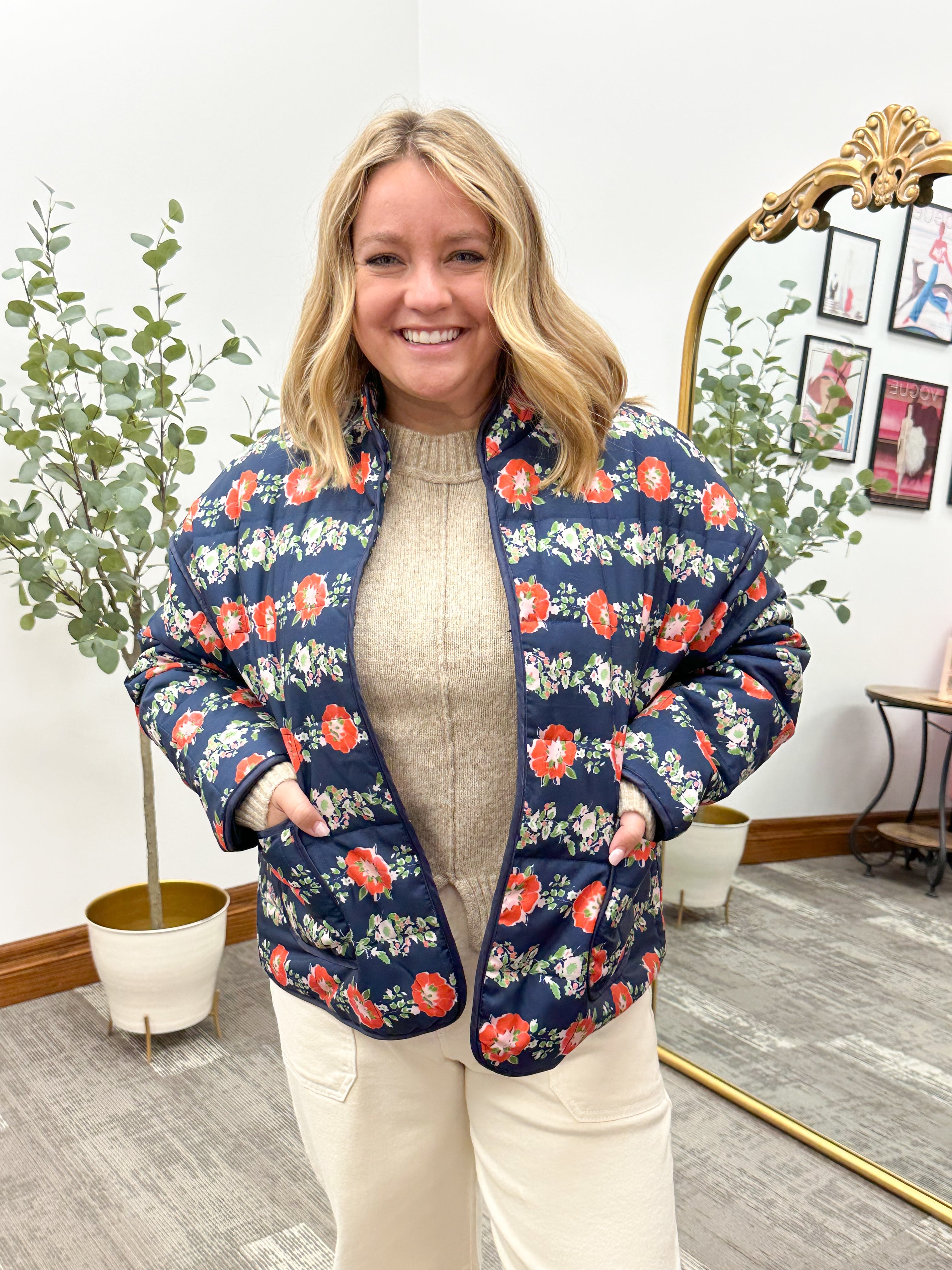 Navy & Red Floral Quilted Jacket