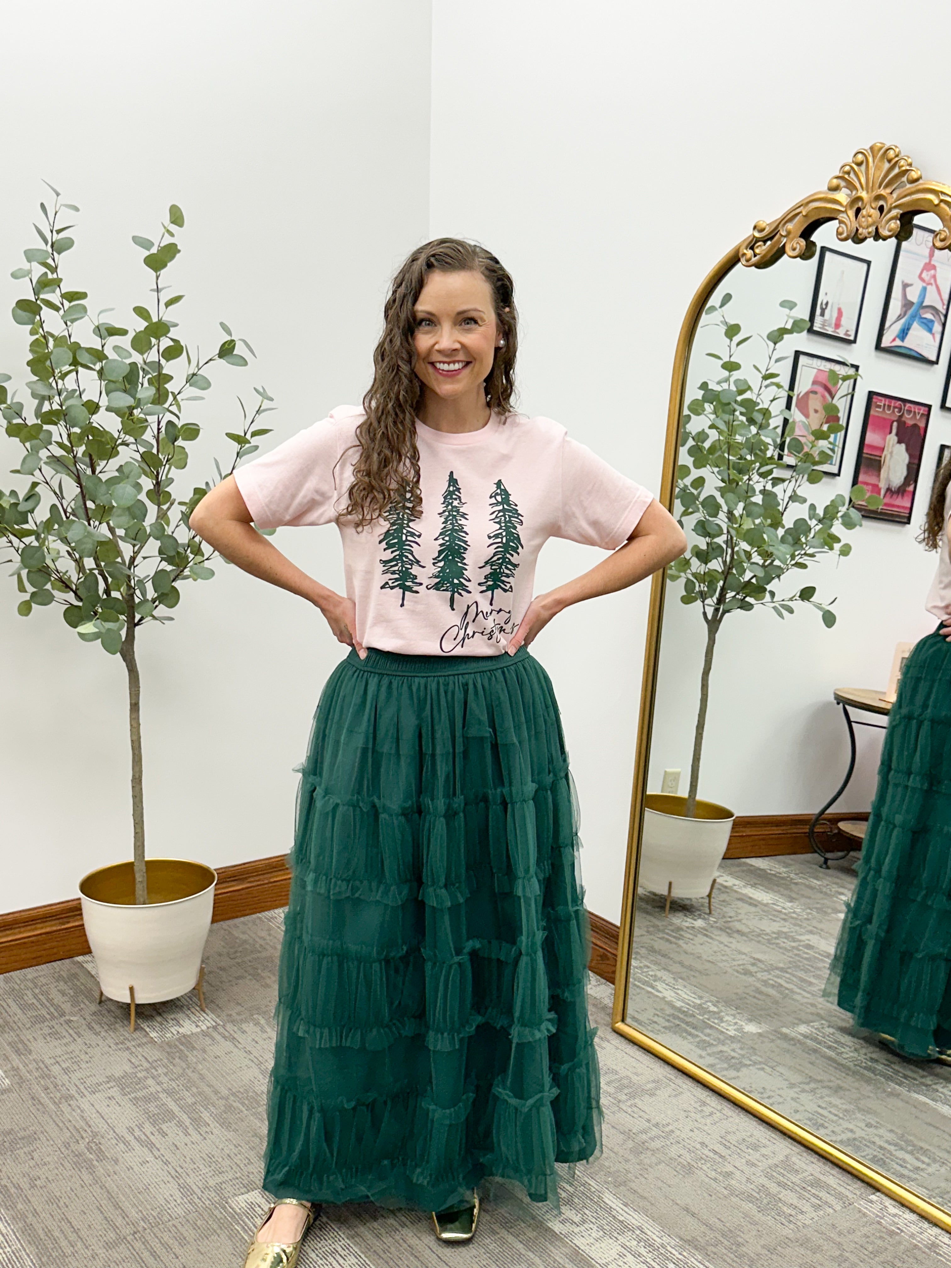 Green Tiered Mesh A-Line Maxi Skirt