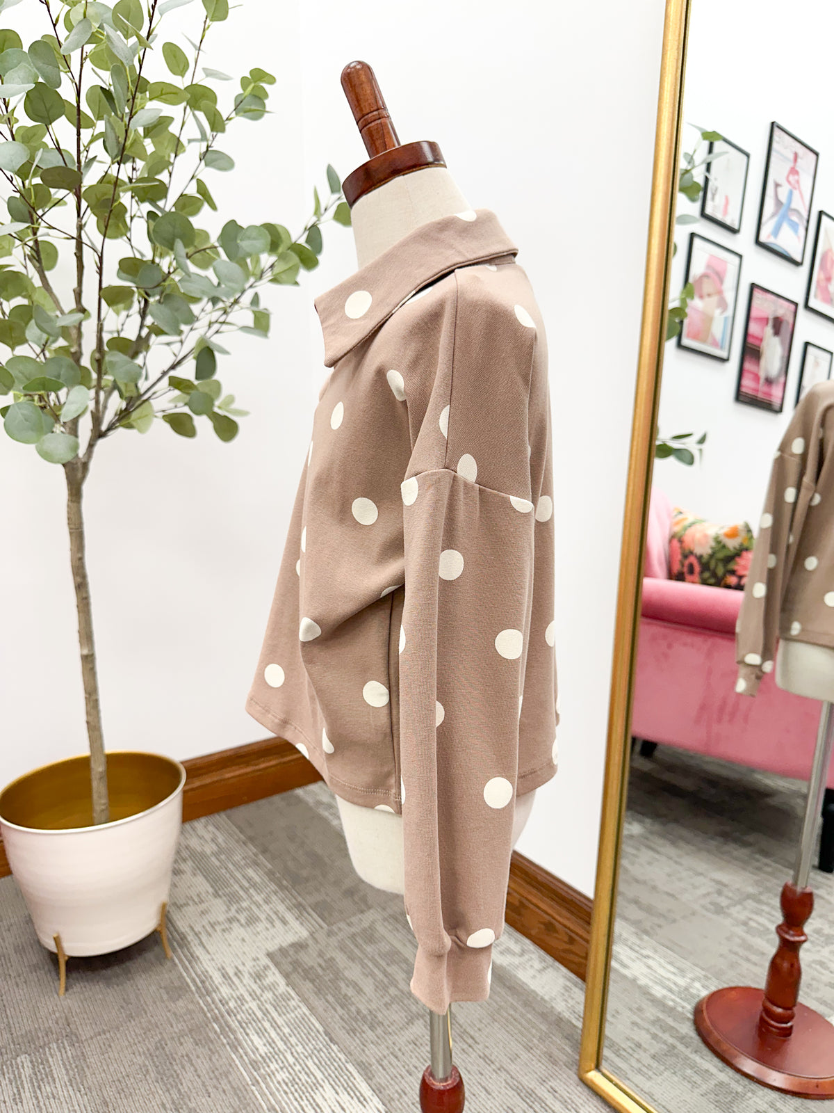 Girls Taupe & Cream Polka Dot Top