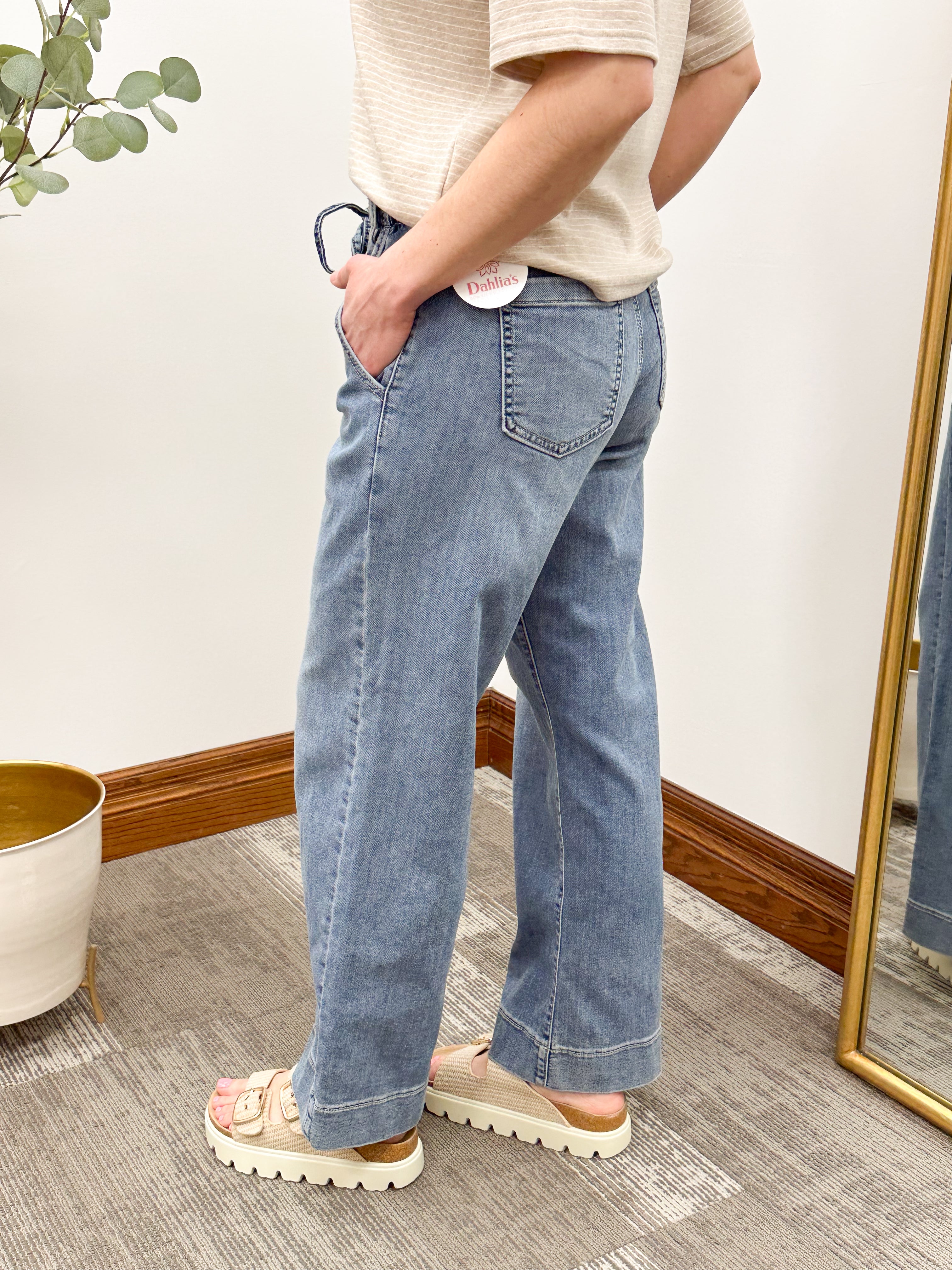 HR Medium Wash Drawstring Wide Leg Jeans