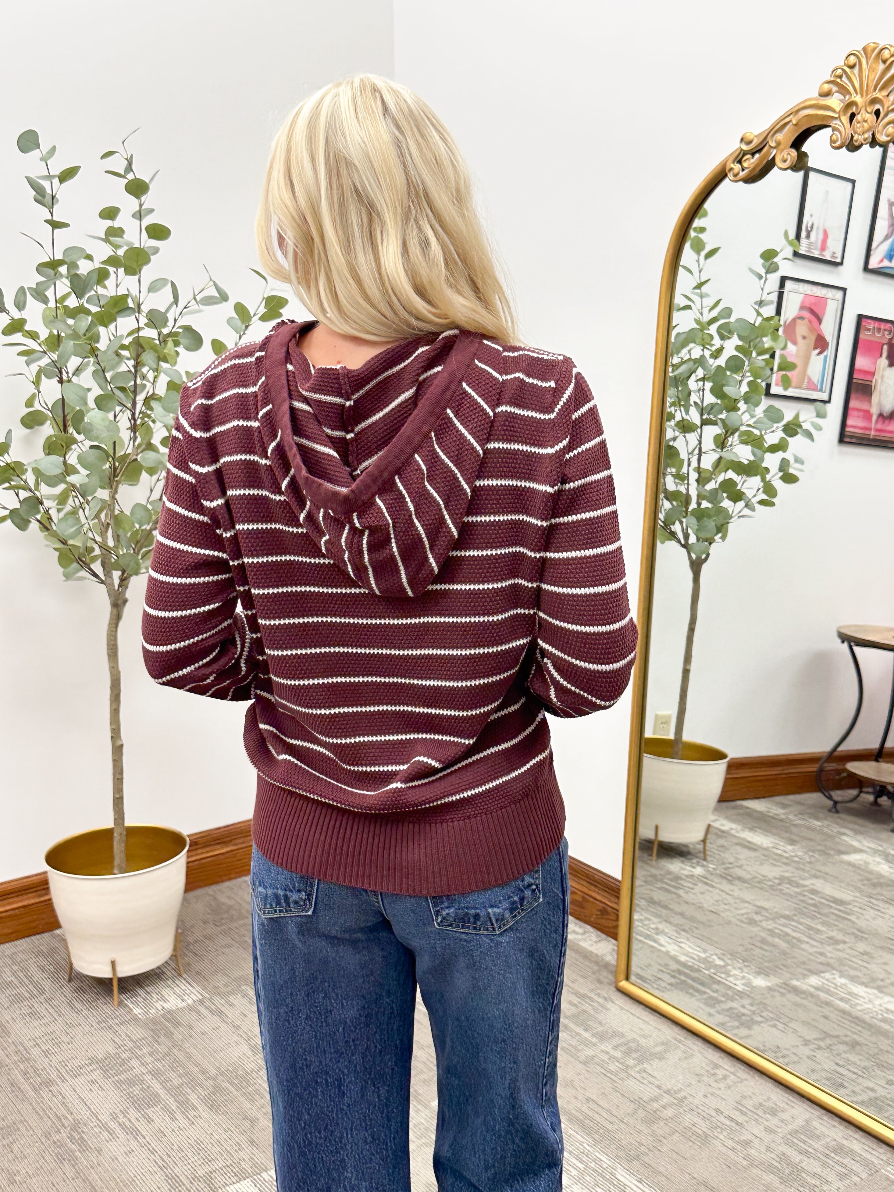 Striped Waffle Knit Hooded Sweater