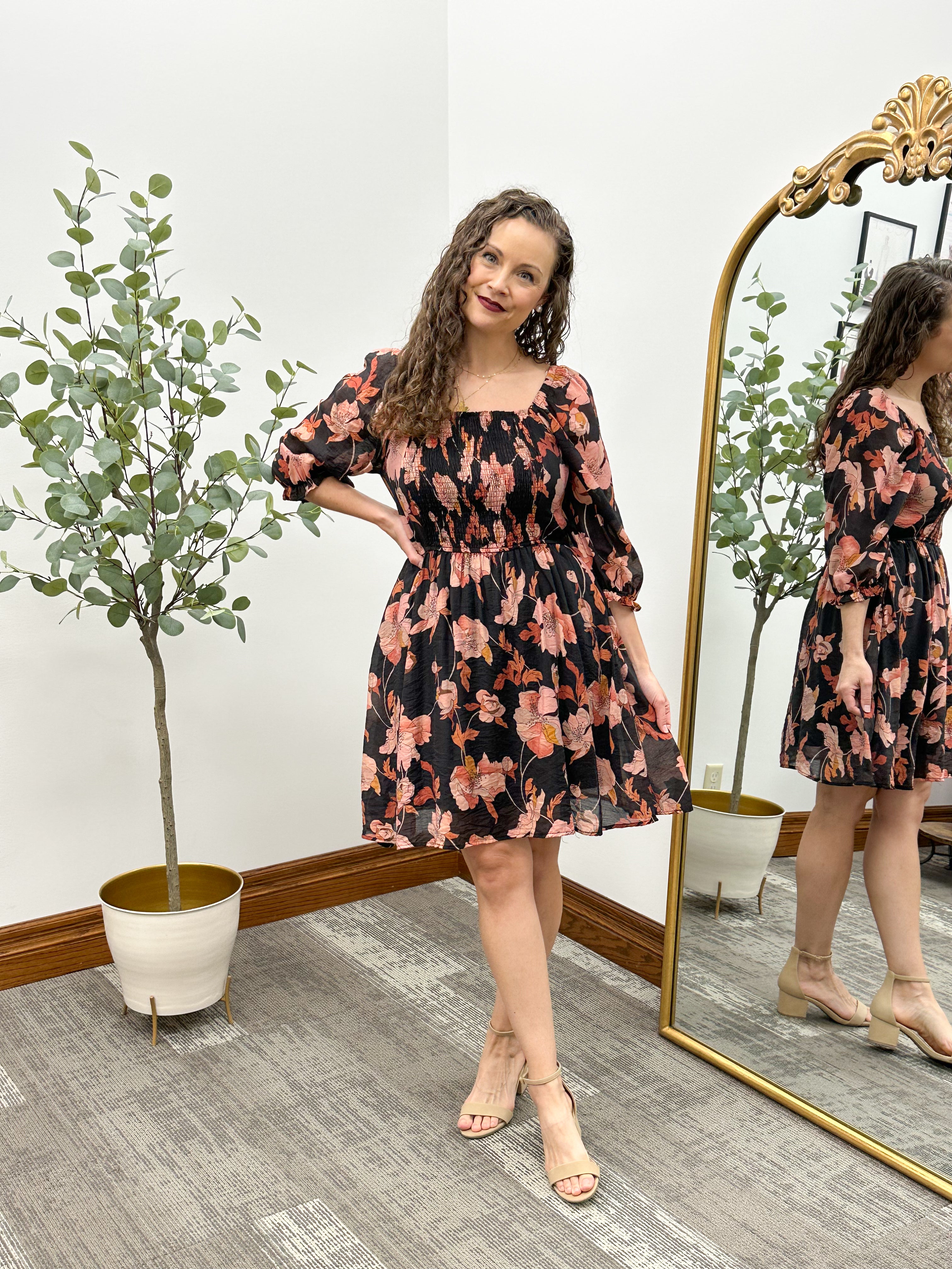 Floral Print Smocked Black Dress