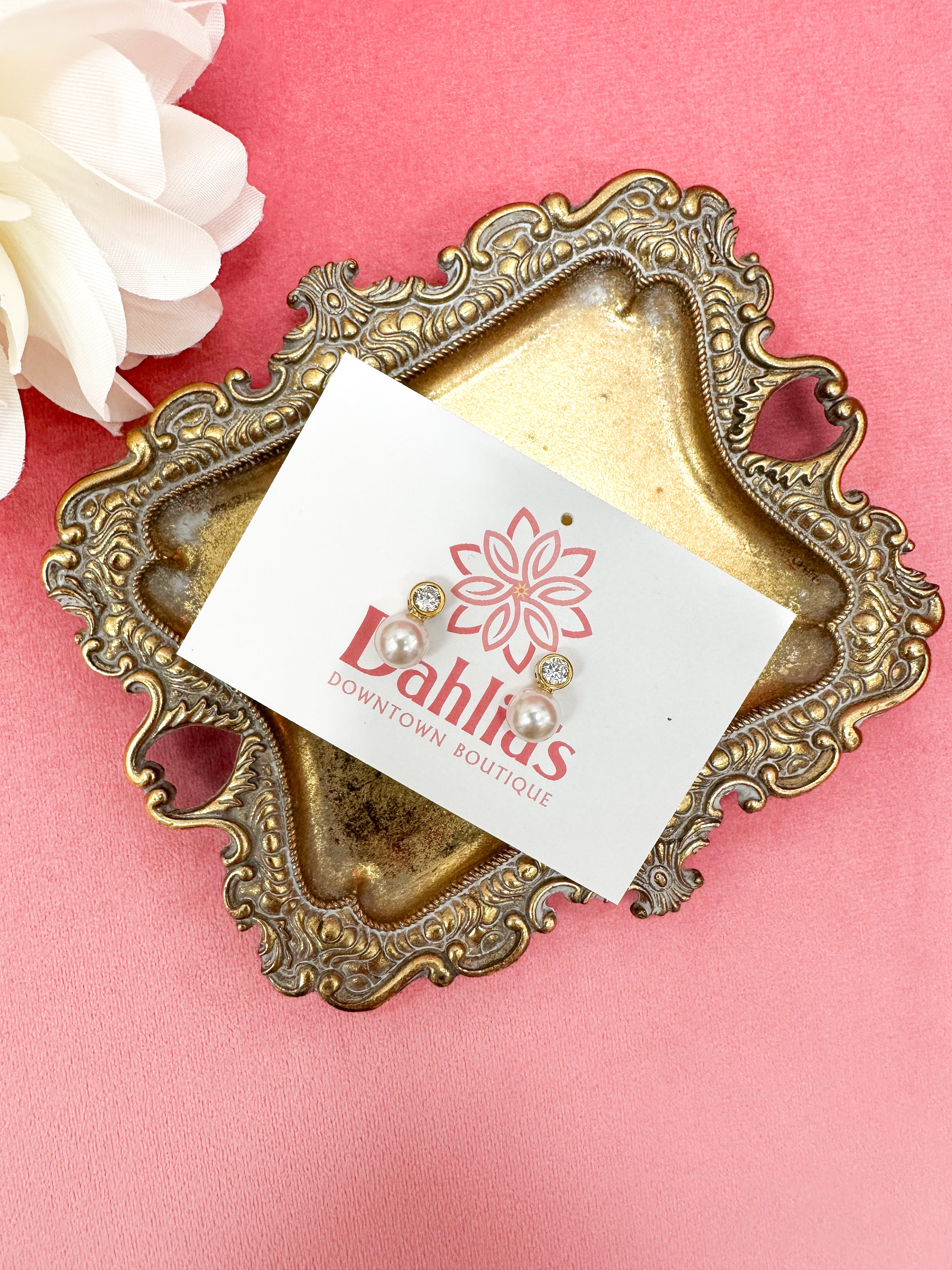 Gold CZ Stud Earring With Drop Pearl