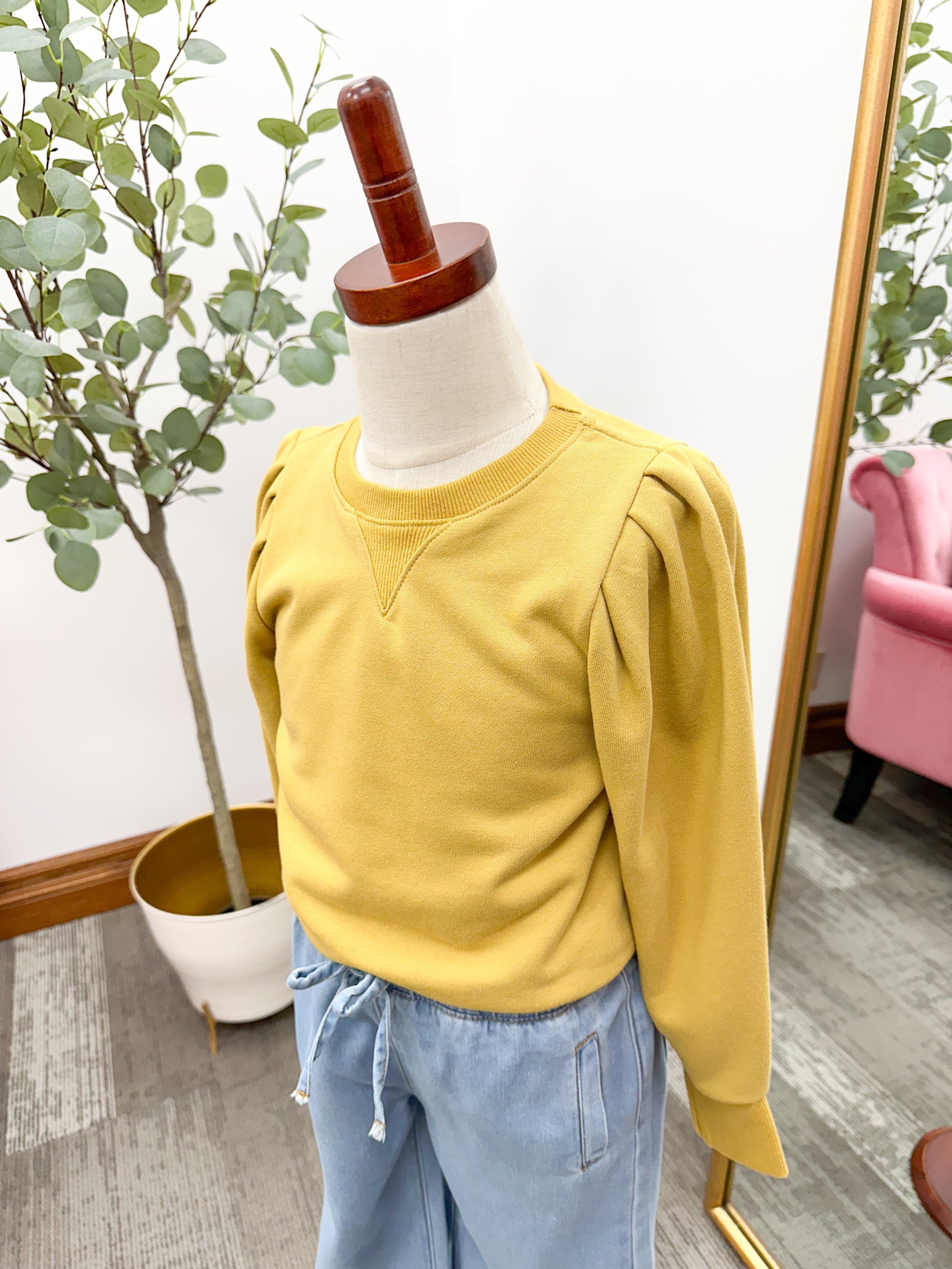 Girls Mustard Puff Sleeve Sweatshirt