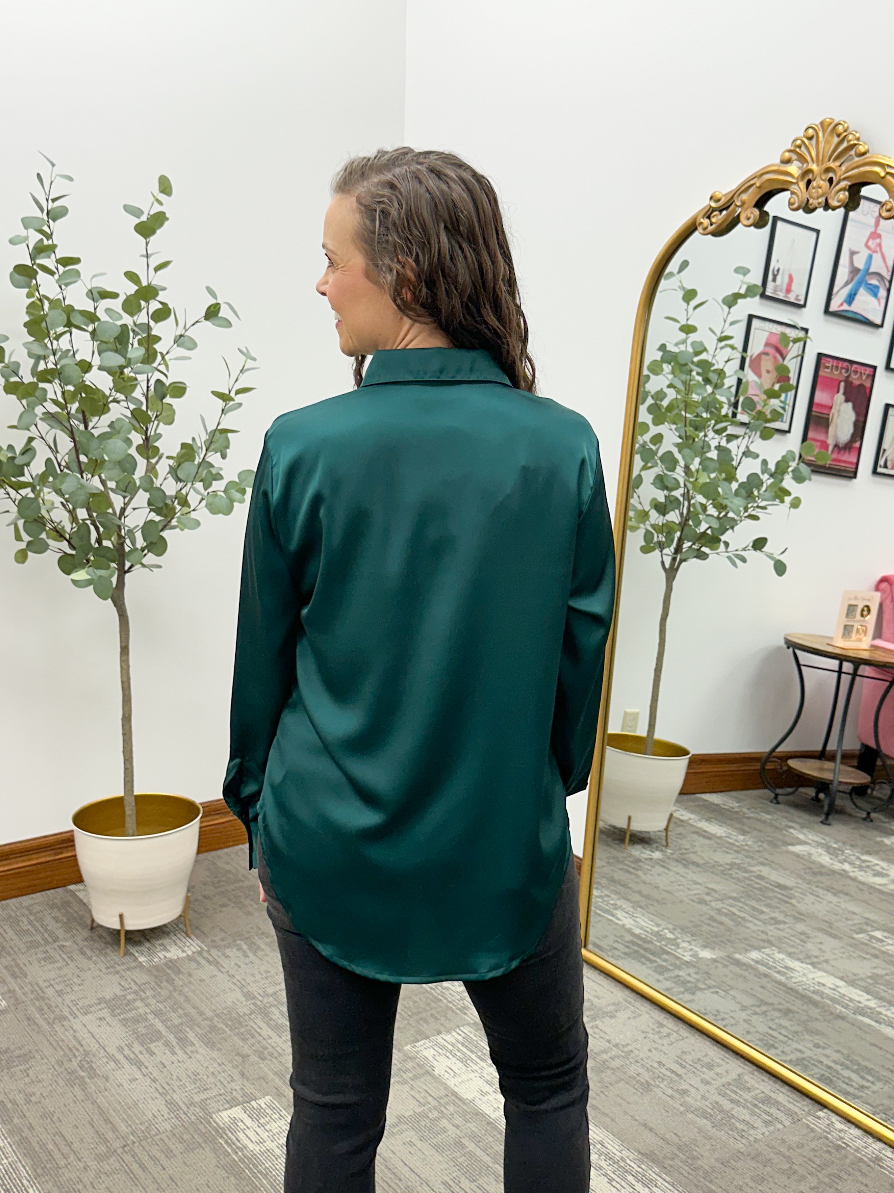 Hunter Green Satin Button Down Blouse